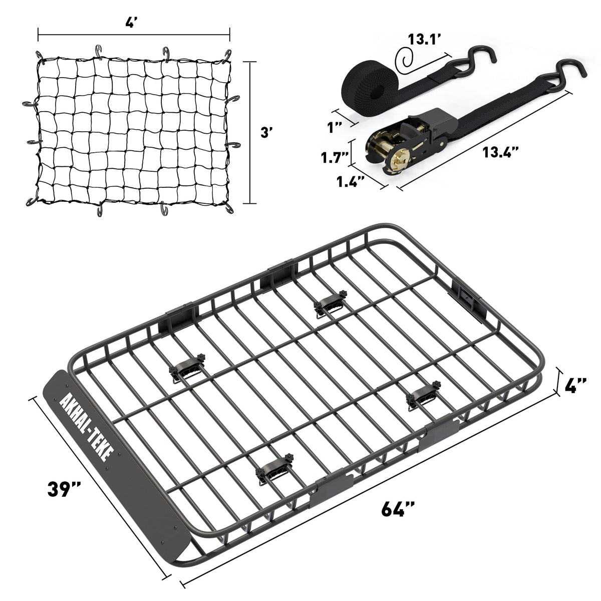 AKHAL-TEKE Roof Rack Basket, Upgraded 64"x 39"x 4" Roof Rack Cargo Carrier with 3' X 4' Super Duty Bungee Cargo Net, 2 pcs Ratchet Strap Fits for SUV Truck Cars