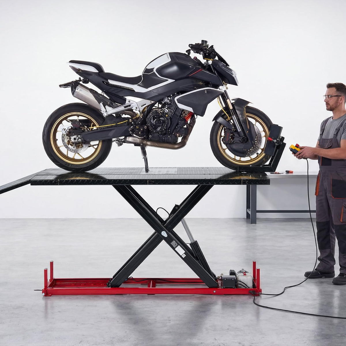 VEVOR Motorcycle Lift Table, 1500 lbs Capacity, Electric Hydraulic Pump with Scissor Lift Jack, Wheel Chock, 9.05"-41.73" Height, 78.3" x 50.4" Extra-Wide Heavy Duty Repair Stand for ATV, Dirt Bike