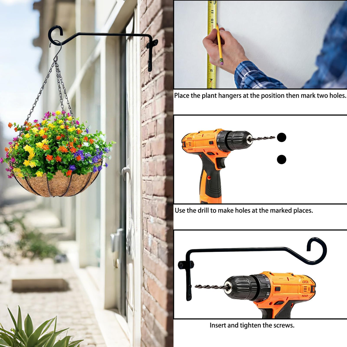 Uiyicil 2 Pack Plant Hanger Wall Hook, Heavy Duty Metal Plant Hangers Outdoor Holds Up to 40 lb, Hooks for Hanging for Hanging Plants Indoor Outdoor Patio Garden （9.4IN Black）