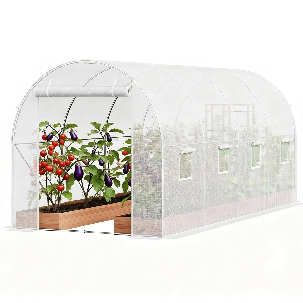 Large Walk-in Tunnel Greenhouse, 15x7x7 ft Heavy Duty Hoop House with 8 Screen Windows & Galvanized Steel Frame, Portable Outdoor Greenhouses for All Seasons White