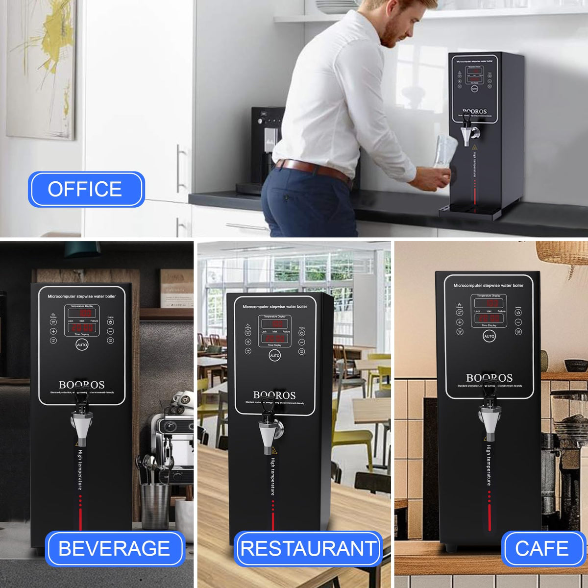 BOOROS Commercial Hot Water Dispenser Black Hot Water Dispenser Countertop 15L Commercial Hot Water Boiler, 24-Hour Timer,1500W Step-heating 38L(10GAL)/Hour for Restaurant,Hotel,Office,Home,Capacity