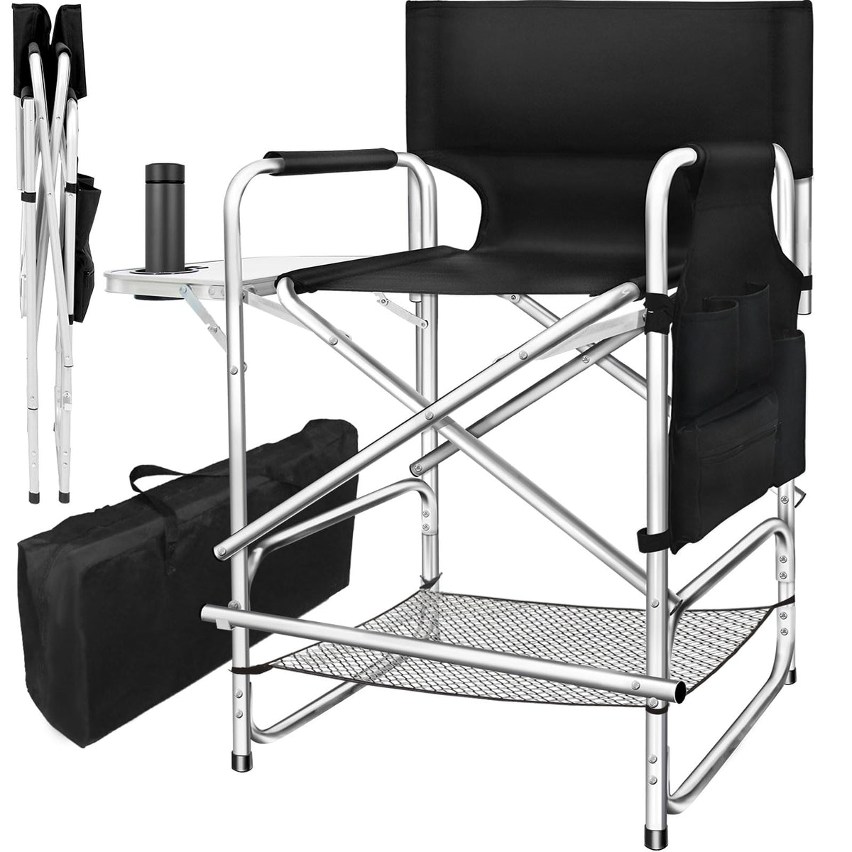 AQNIEGEP Makeup Chair for Makeup Artist 41" Tall Folding Directors Chair Makeup Artist Chair for Clients Directors Chair with Side Table Cup Holder Footrest Bags 400 lbs Load