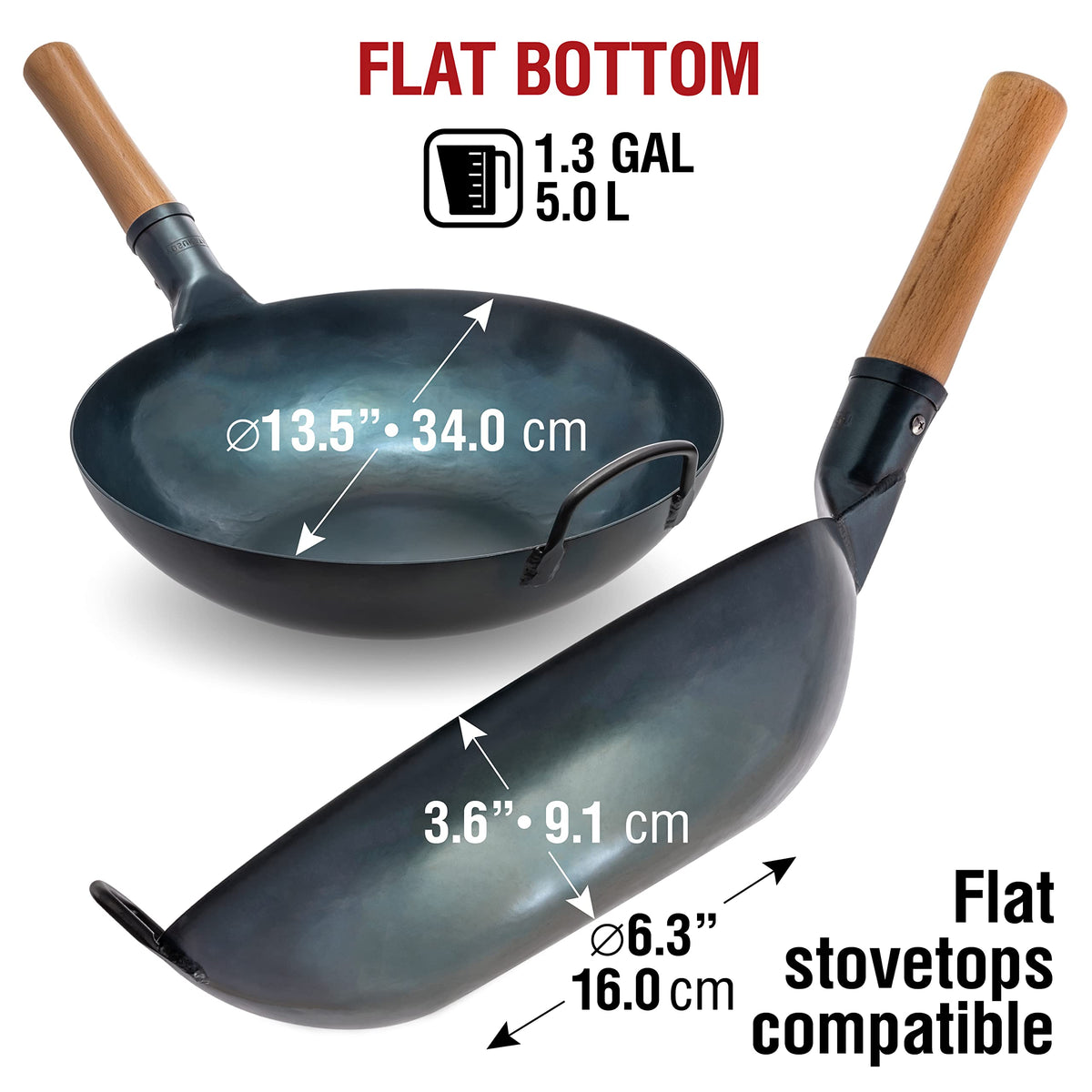 YOSUKATA Carbon Steel Flat Bottom Wok Pan - 13.5" + Wok Lid 12.8 Inch - Cover with Tempered Glass Insert Steam Holes + Blue Carbon Steel 17-inch Spatula, Ladle, 3 pairs Chopsticks