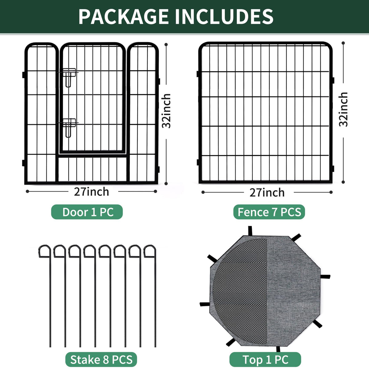 PETIME Dog Playpen,Metal Exercise Puppy Pen Heavy Duty Kennels Yard Fence Indoor/Outdoor 27" W x 32" H 8 Panels Dog Cage with Octagon Top Cover