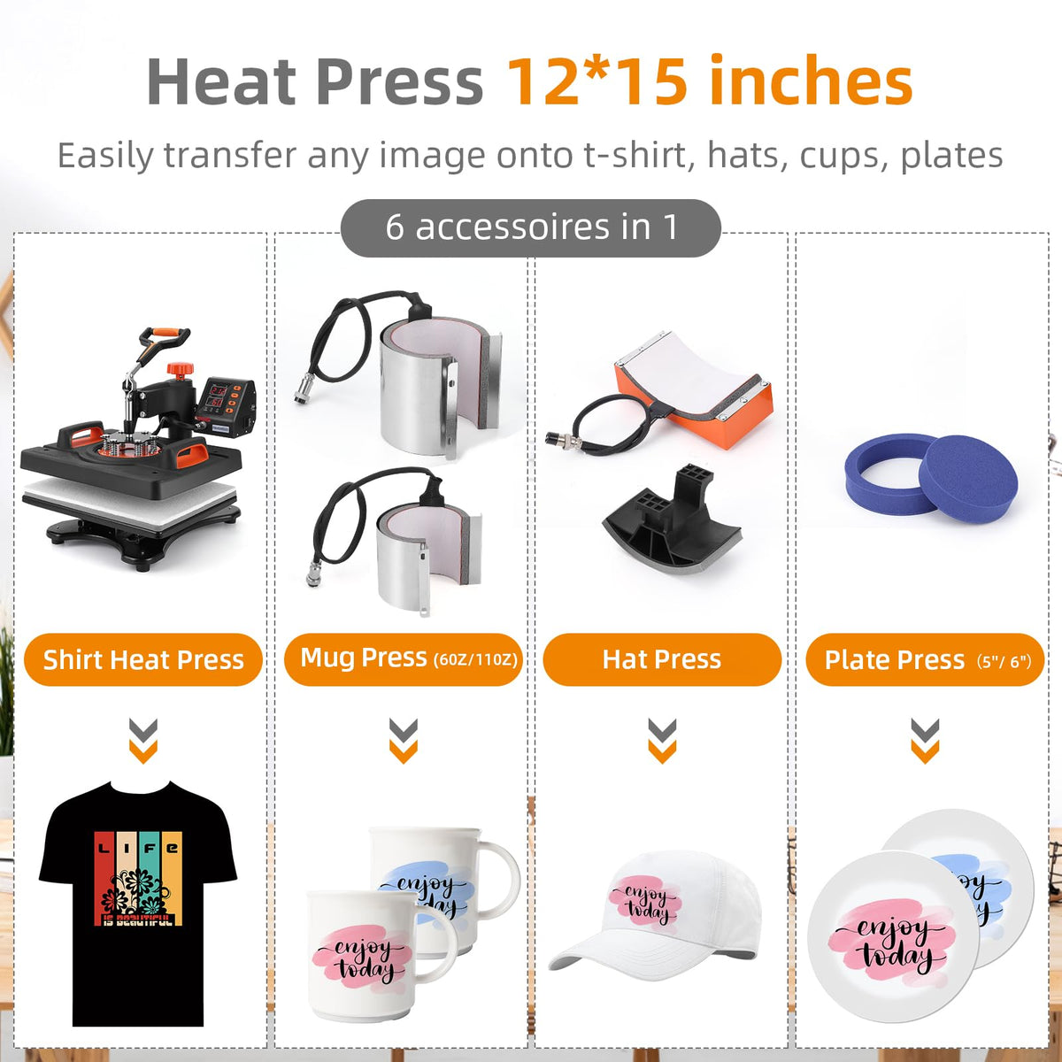 PIONEERWORKS Heat Press Machine 12 X 15 inch, 6 in 1 Shirt Printing Heat Transfer Machine 360° Swing Away, Digital Industrial-Quality Shirt Pressing Machine for Shirt, Hat, Mug, Plate, Orange