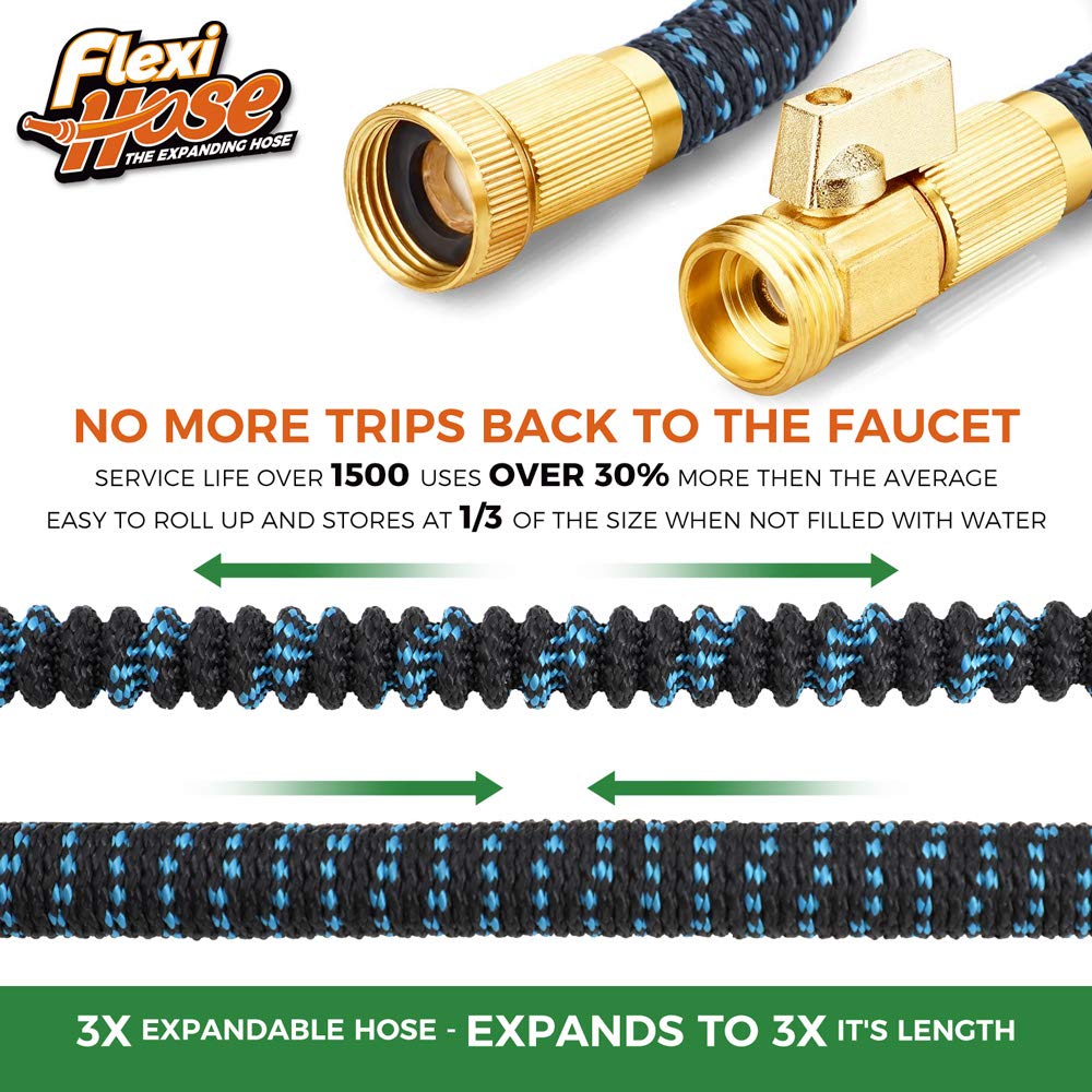 Flexi Hose Expandable Garden Hose with 8 Function Nozzle, 75FT - Lightweight Retractable Garden Hose, Water Hose - No-Kink Flexibility, 3/4 Inch Solid Brass Fittings and Double Latex Core