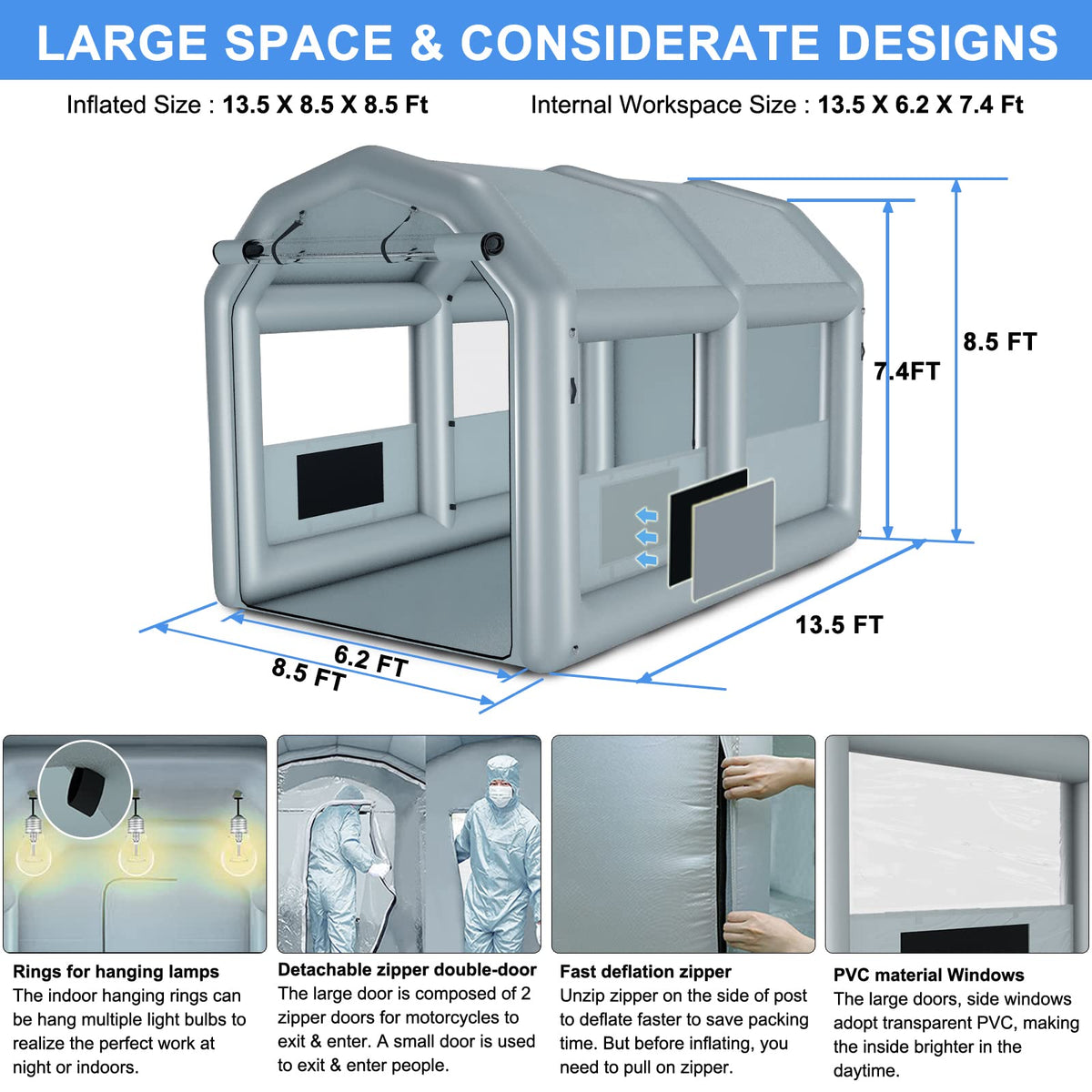 GZKYYLEGS Inflatable Paint Booth 13.5X8.5X8.5Ft with 750W Blower, Professional Portable Inflatable Spray Booth Tent for Motorcycles, Auto Parts, Furnitures or Other Items Painting and Drying