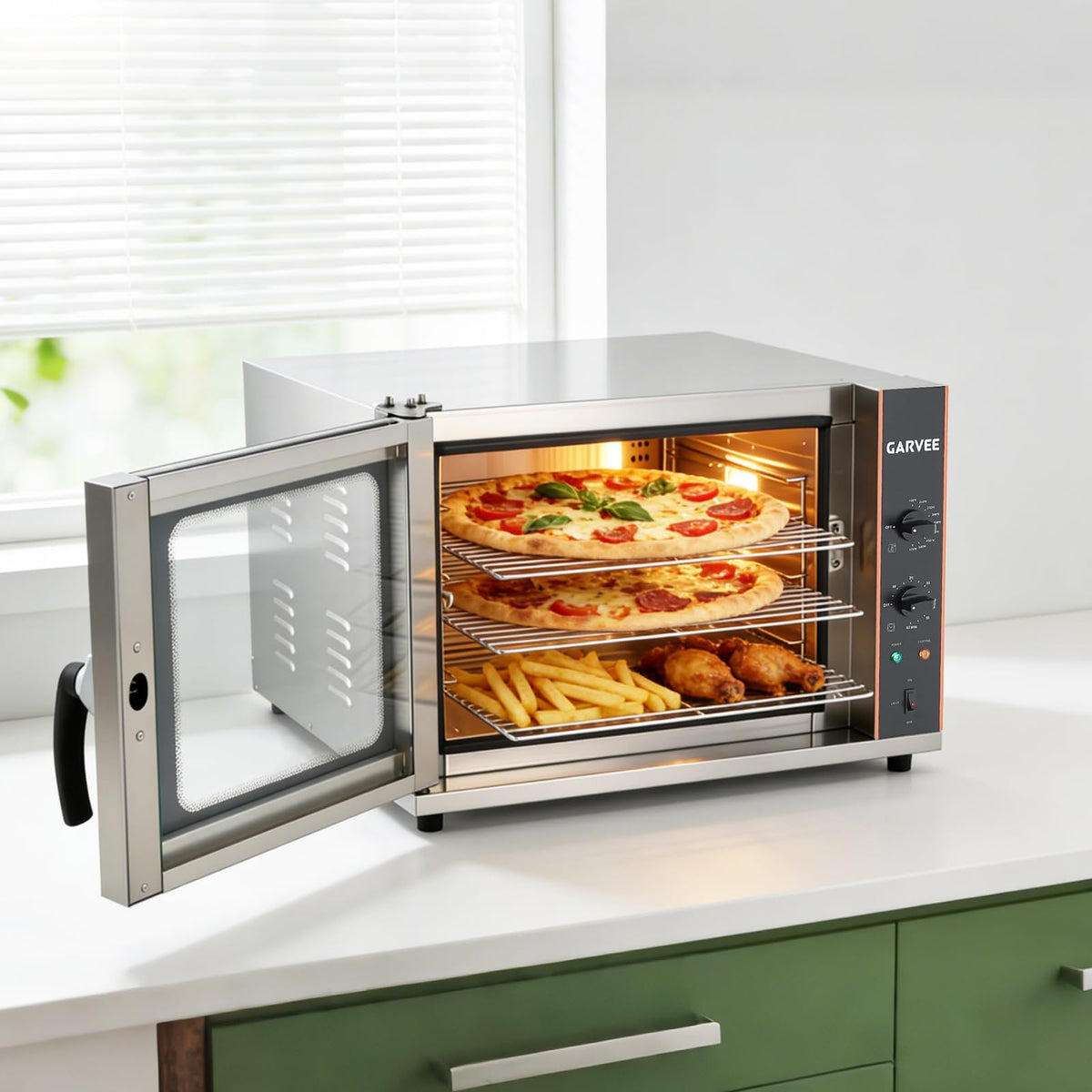 Commercial Convection Oven, 68L/60Qt Stainless Steel Air Fryer Toaster Oven Combo, 4-Tier Countertop Rotisserie Oven with Glass Door, 1750W Baking Roaster, 30-300°c, Trays & Racks, US Plug