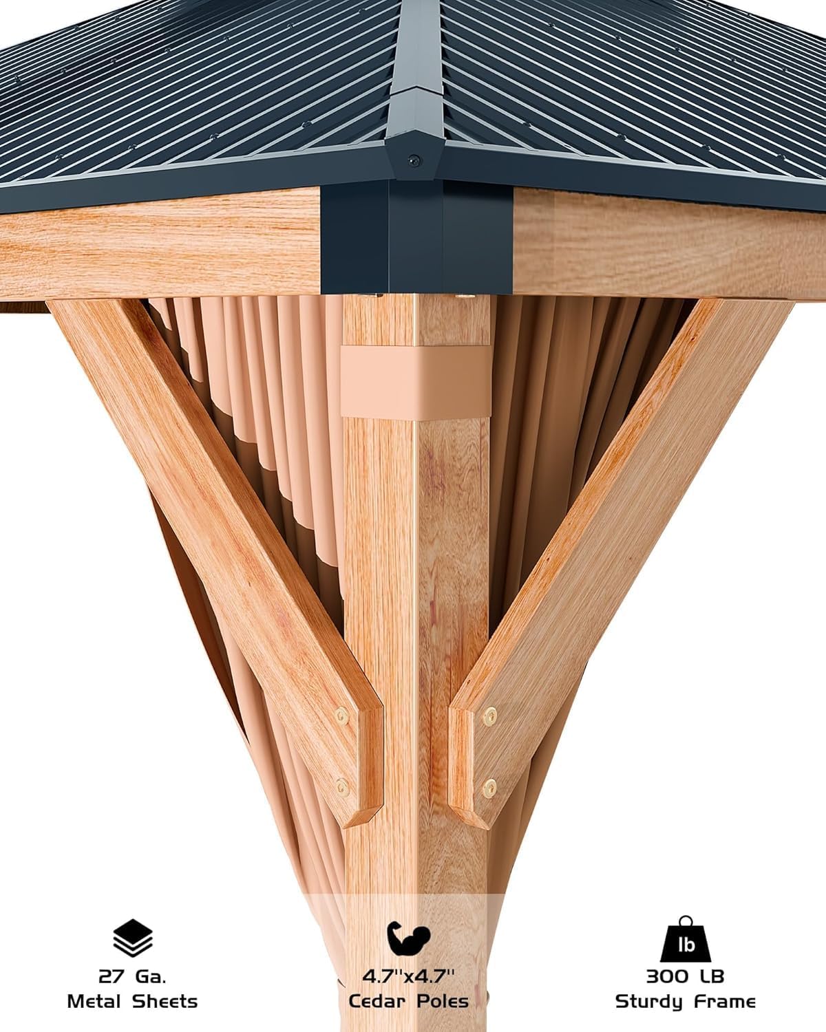 PeakPursuit Heavy Duty Hardtop Spruce Wood Gazebo 10'x10' – Double Metal Roof, 4.7'' Reinforced Poles, Waterproof Outdoor Pavilion with Curtains & Mosquito Netting – Ideal for Patio, Deck, Backyard