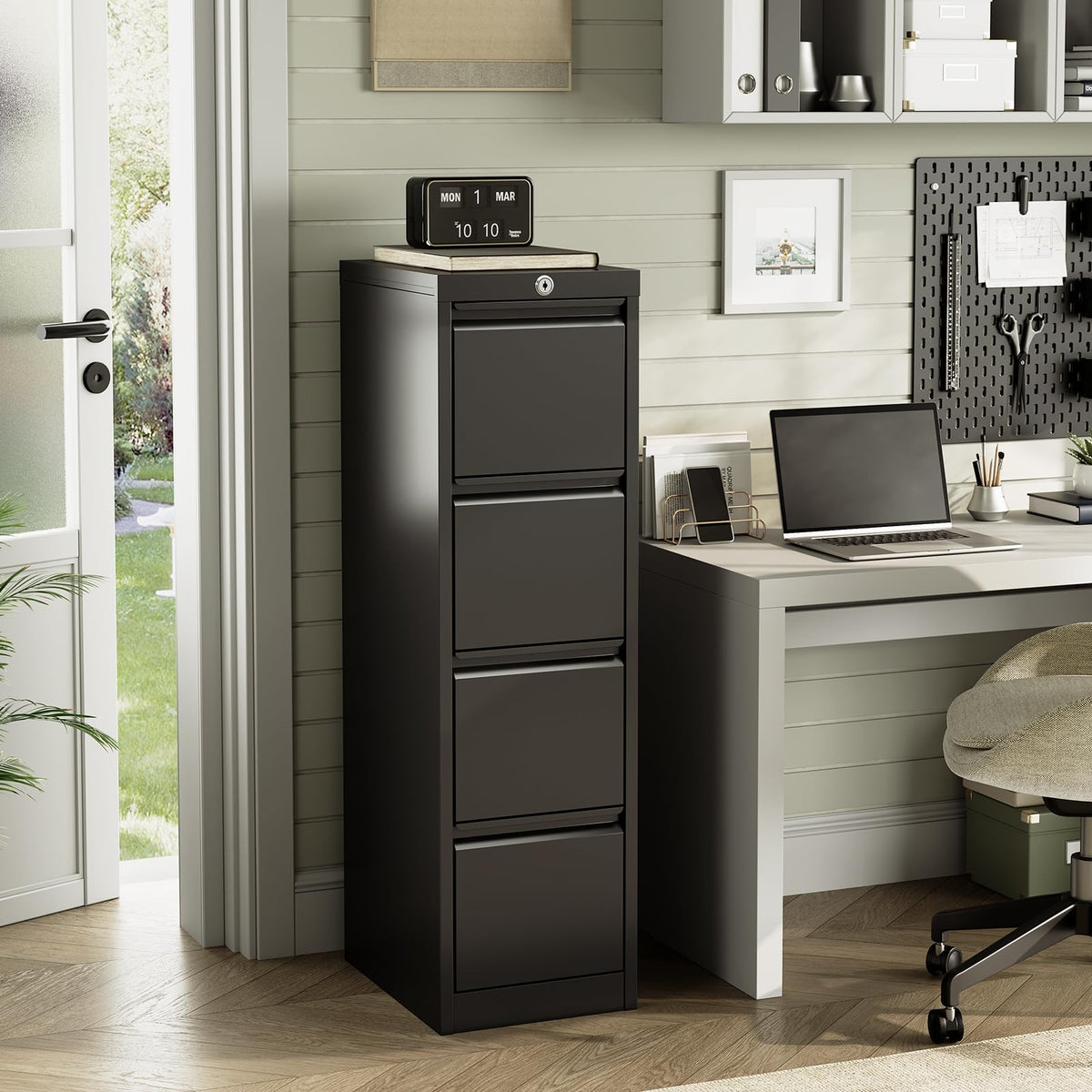 4 Drawer Vertical File Cabinet, Cold-Rolled Steel Locking Filing Cabinet with Anti-Tilt System, 330 Lbs Weight Capacity, Powder Coated Black, for Letter/Legal/A4/F4 Files, Home Office Commercial Use