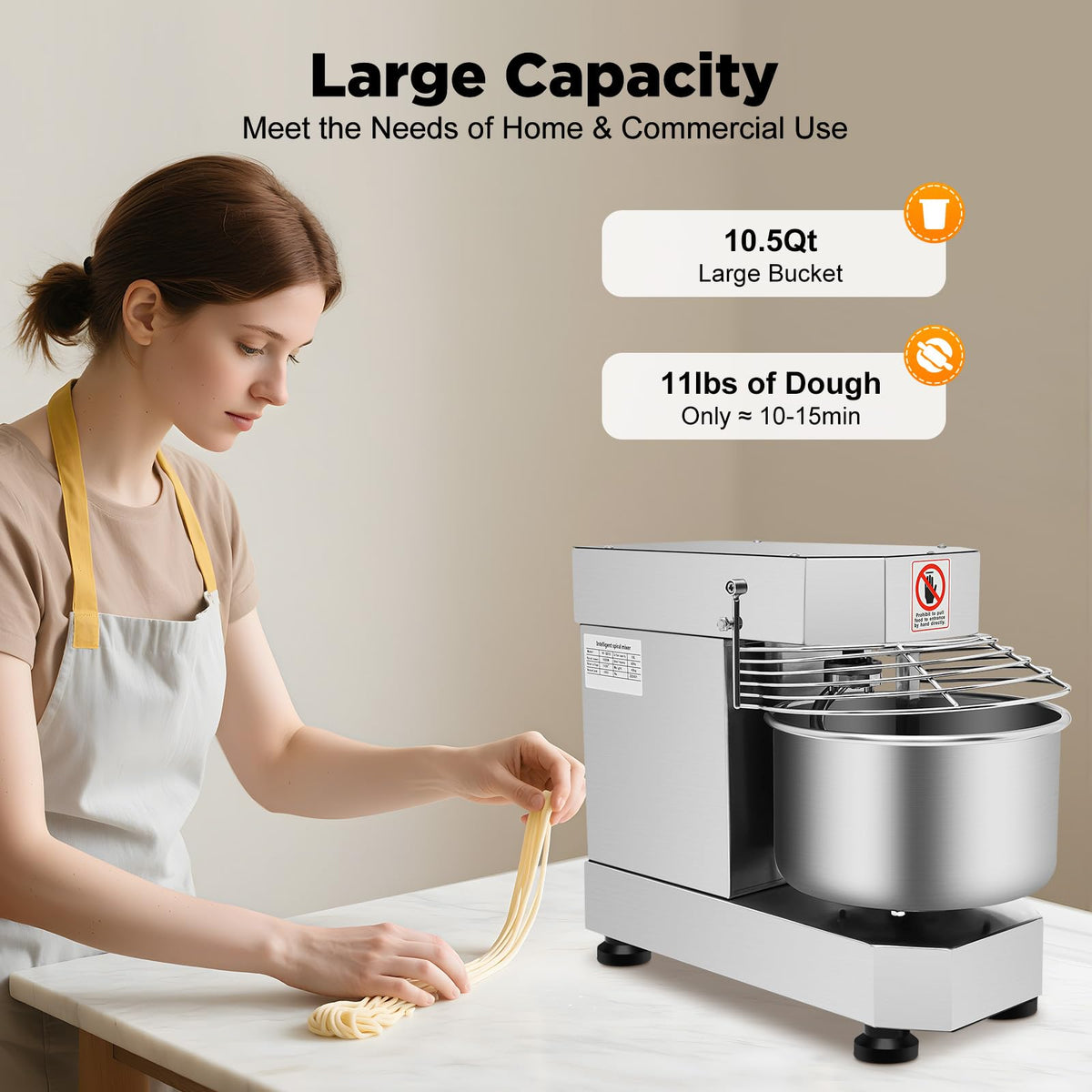 10L/2.6 Gal Commercial Food Mixer, 750W 110V Electric Spiral Mixer Rotation Speed 100/200R/Min Waterproof Level IPX1, Dough Kneading Machine for Dough, Salad, Cream
