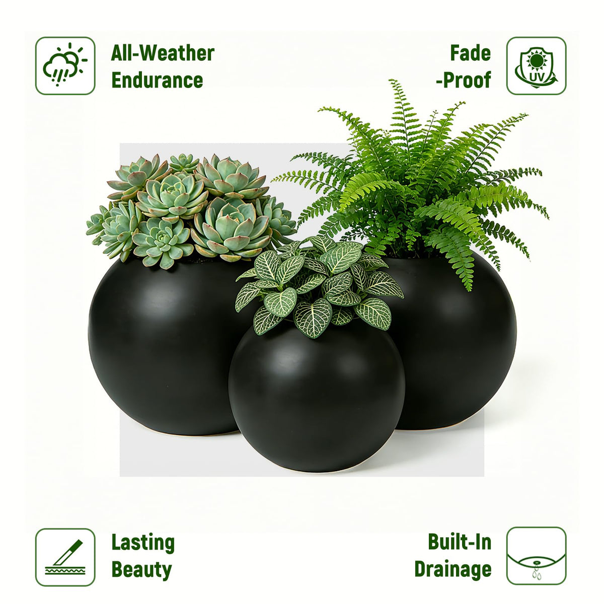13.5 H x 17" Dia (12" Pot Opening) Round Fiberstone Planter with Drainage Hole, Durable Garden Flower Pots, Black, Resistant for Indoor and Outdoor, Planters for Large Plants pot for Home Decor Patio
