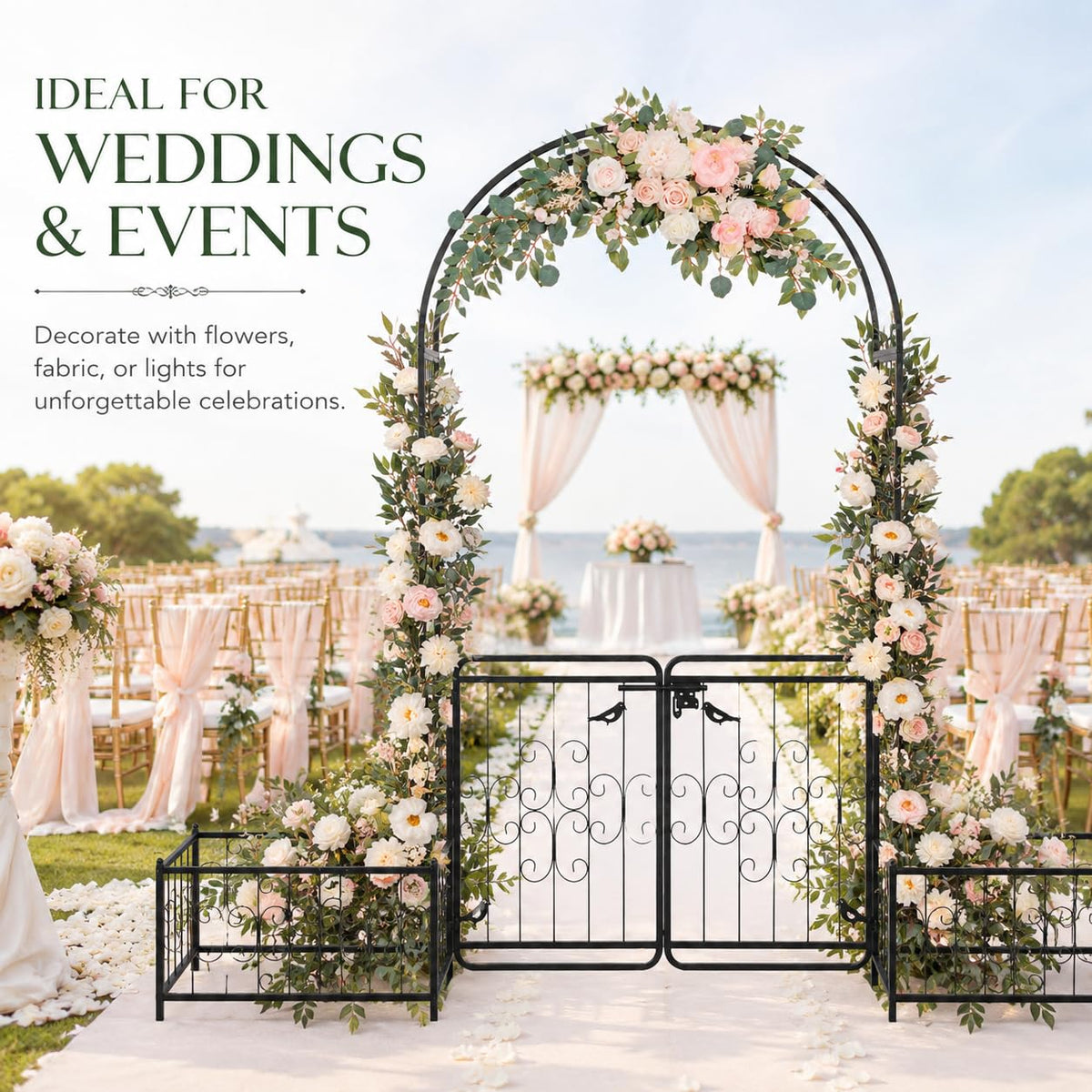 ELOMBR 7.2FT Metal Garden Arch Trellis, Heavy Duty Metal Garden Arbor with Door&Planting Frame for Climbing Plants Outdoor, Double-Layered Trellis Arch for Wedding Ceremony Party, Black, 16mm