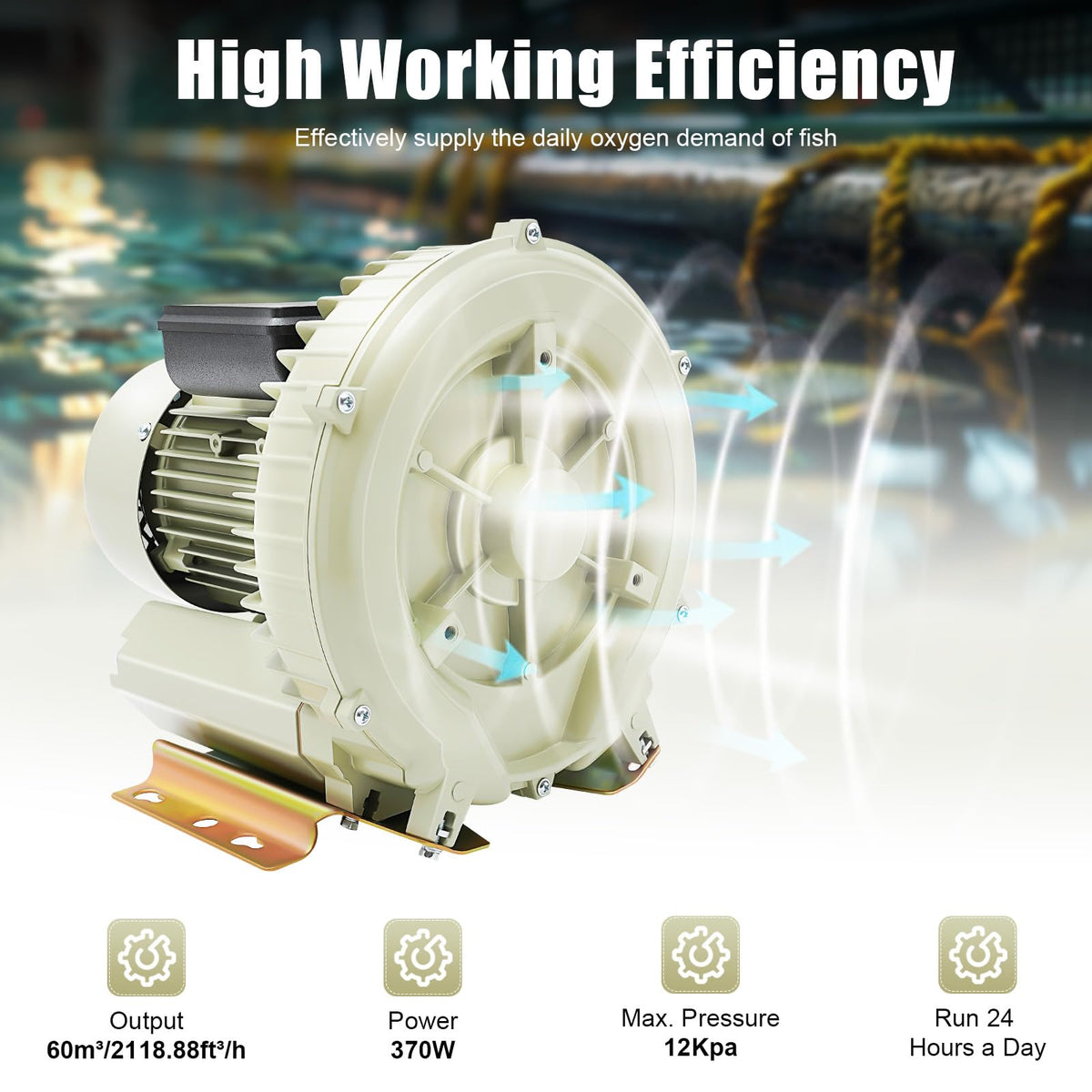 AGULIUM 370W Air Pump Blower, Commercial Aquaculture Vortex High Pressure Air Blower, Industrial High Pressure Blower for Aquarium Seafood Pond Fish Tanks Water Tank Centrifugal Cycle 110V
