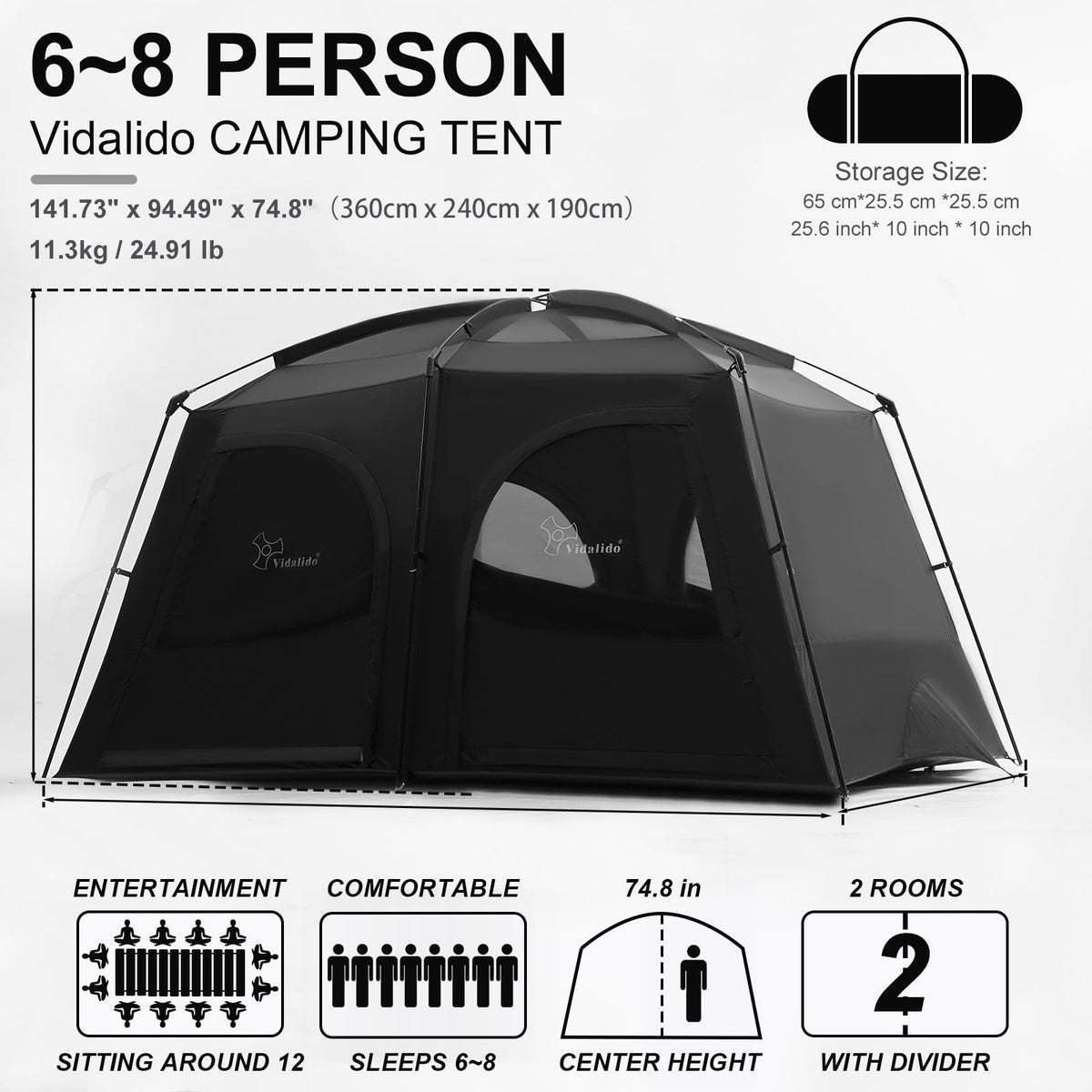 Vidalido Tents，6-8 Person Camping Tent with Extended Vestibule，2 Room Weather Resistant Family Tents，Easy Install Waterproof Outdoor Tent for Backpacking and Camping Hiking