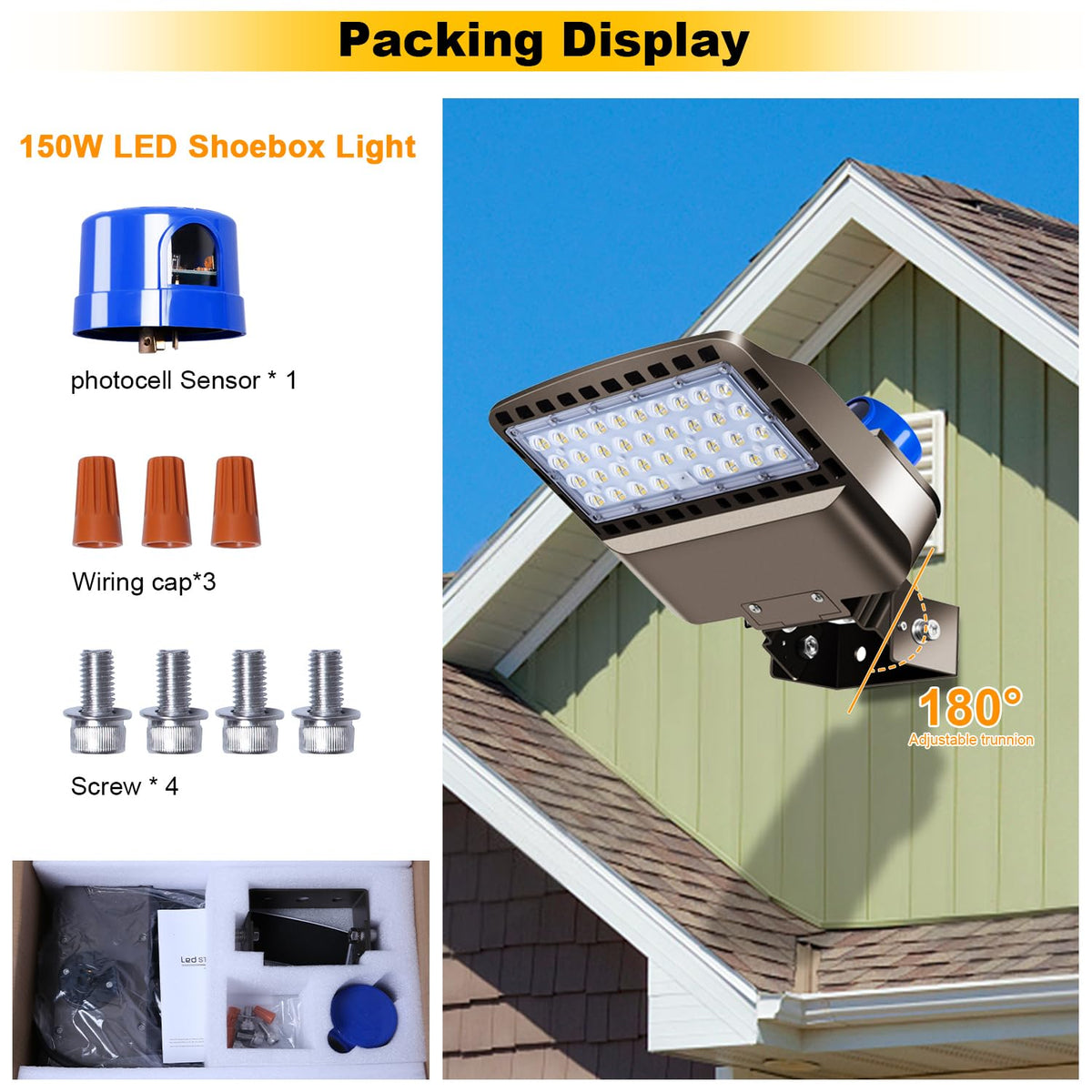 BIRITALO 22500lm LED Parking lot Light Trunnion Dusk to Dawn 150W LED FloodLights Outdoor Wall Mount Security Commercial 85-277V IP65 Waterproof 5000K Shoebox Barn Light for Yard,Street 3 Pack