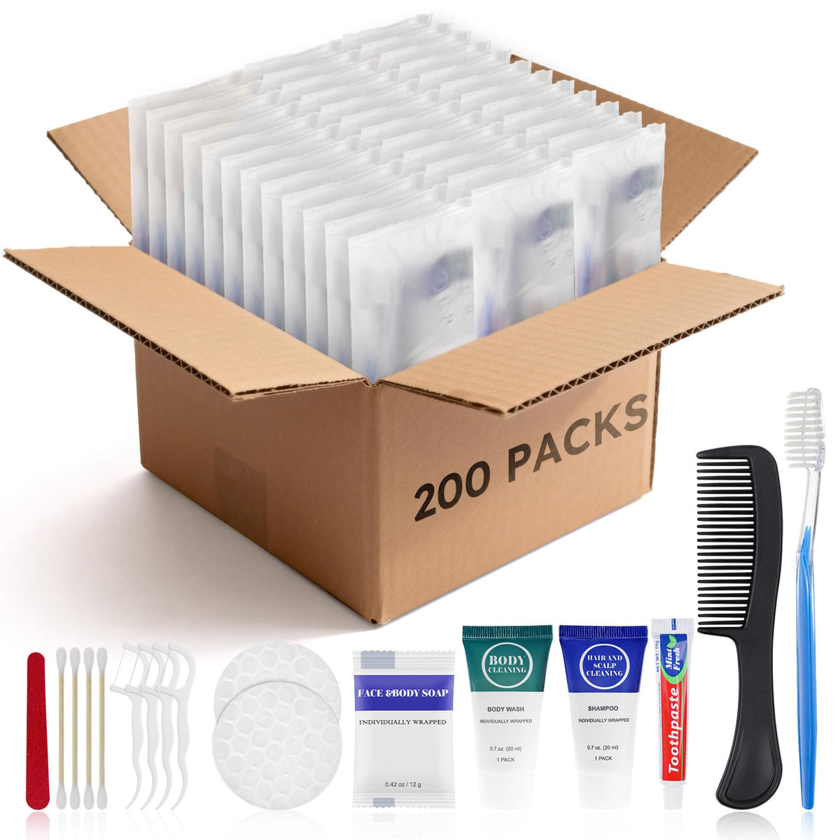 Toiletry Kits Travel Essentials Disposable Hygiene in Bulk, Trial Size Toiletries Supplies Individually Wrapped Traveling Personal Care Items, for Camping, Hotel, Homeless, Charity, 8-in-1 (200-Pack)