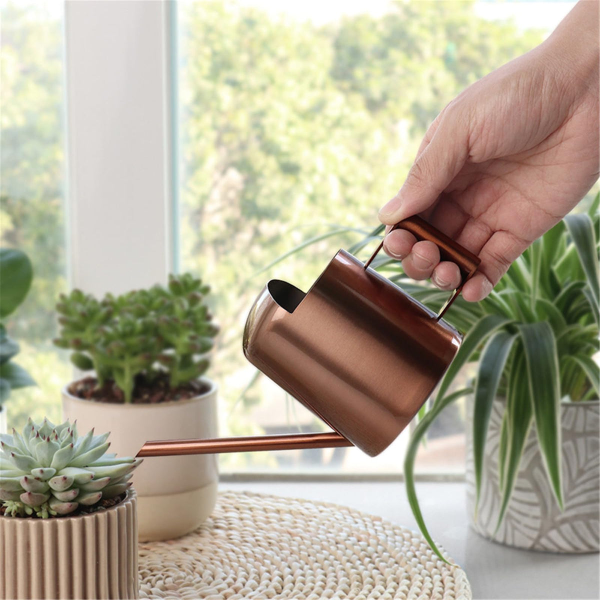 Watering Can for Indoor Plants, Small Watering Cans Sprinkling Pot for Greenhouse Garden Flower Plants, Stainless Steel Long Spout Water Can for Outdoor Watering Plants, 300ML/0.08 Gallon (Copper)