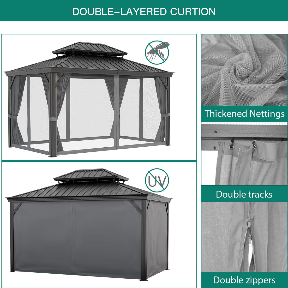 GAOMON Heavy Duty Aluminum Hardtop Gazebo with Double Roof – Mosquito Netting & Privacy Curtains – All-Weather Outdoor Pavilion for Patio, Garden, Deck, Backyard – Black Spray, Gray Cloth, Black Mesh,