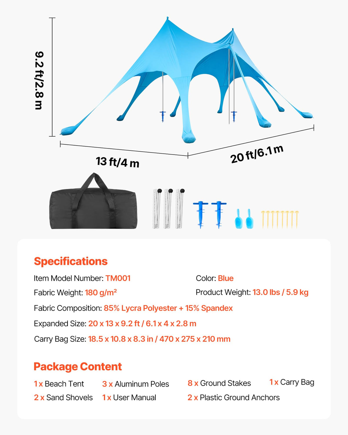VEVOR Beach Tent Sun Shelter, UPF50+ Sun Protection, 9.2 ft Tall, 20 x 13 ft, Easy Pop Up Beach Canopy with Sandbags, Stability Poles, Sand Shovels, Portable Shade for Family Outings, Camping, Fishing