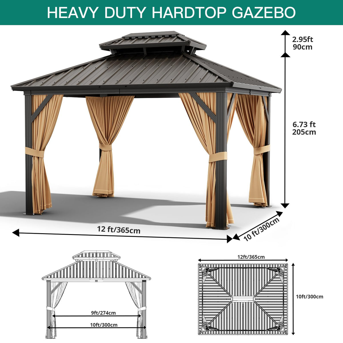 Hardtop Gazebo 10x12 FT, Garden Tent, Frame of Aluminum, Tin Roof Pavilion, Outdoor Gazebo, Sun Shed with Curtain and Netting for Backyard Patio Garden