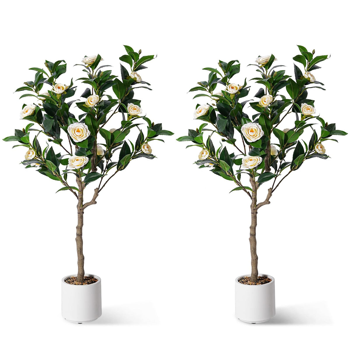 Jocoevol 4FT Artificial Camellia Tree 2 Pack, Fake Floral Plant with Realistic Trunk, Leaves, Flowers & Planter, Flower Artificial Tree, Artificial Flower for Front Porch Decor & Housewarming Gift
