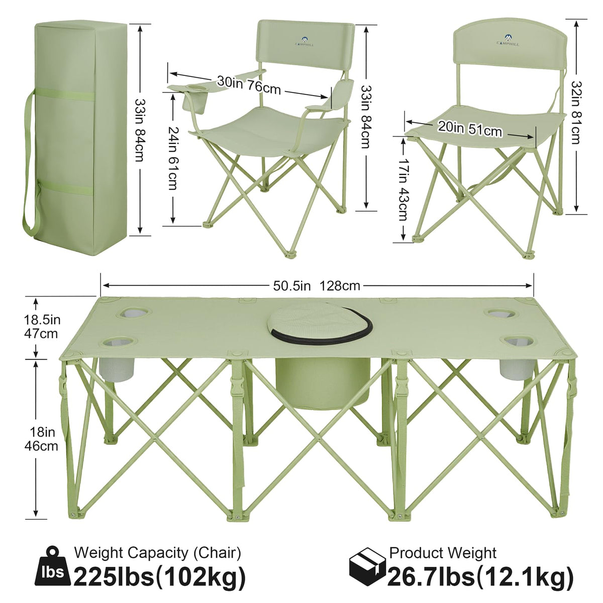 Camping Chair Set of 5,Folding Lawn Chairs with Table for Adults,Heavy Duty Collapsible Chair Include Four Single Chairs and Camping Table with Cooler Bag for Travel Fishing Sport Picnic,Light Green