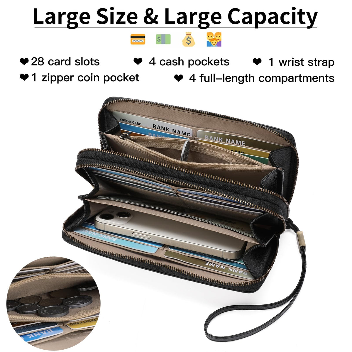 FALAN MULE Wallet for Women RFID Blocking Leather Large Capacity Zip Around Ladies Card Holdr Phone Purse Wristlet