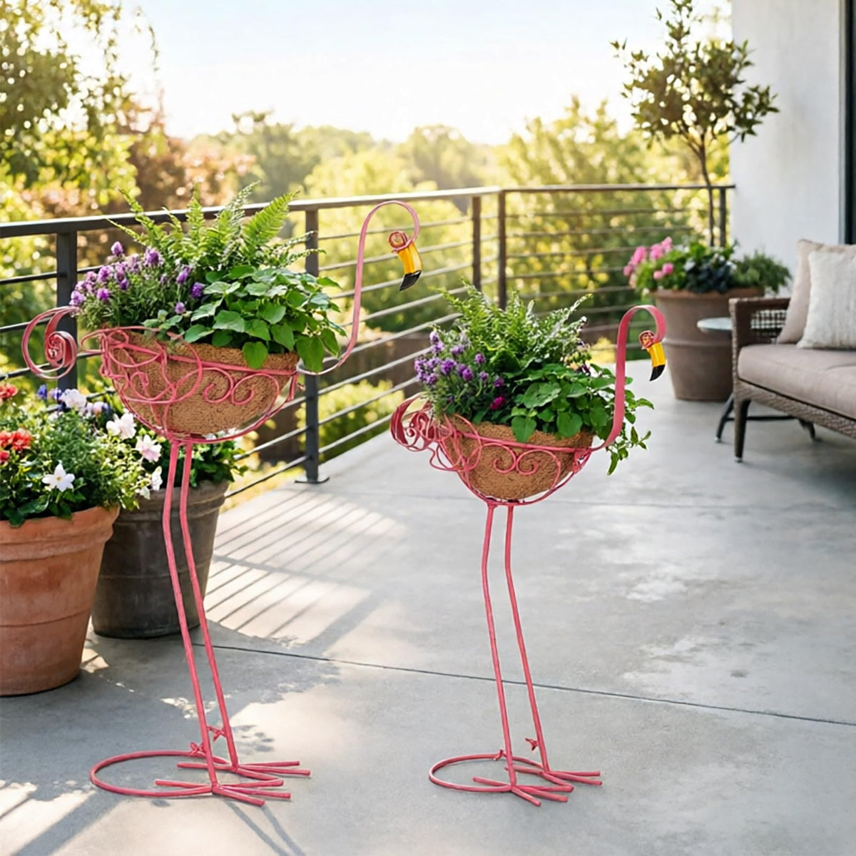 Derynome Pink Flamingo Garden Planters, Set of 2 Metal Flamingo Outdoor Planters with Basket, Flamingos Decorations for Indoor Outdoor Garden Decor