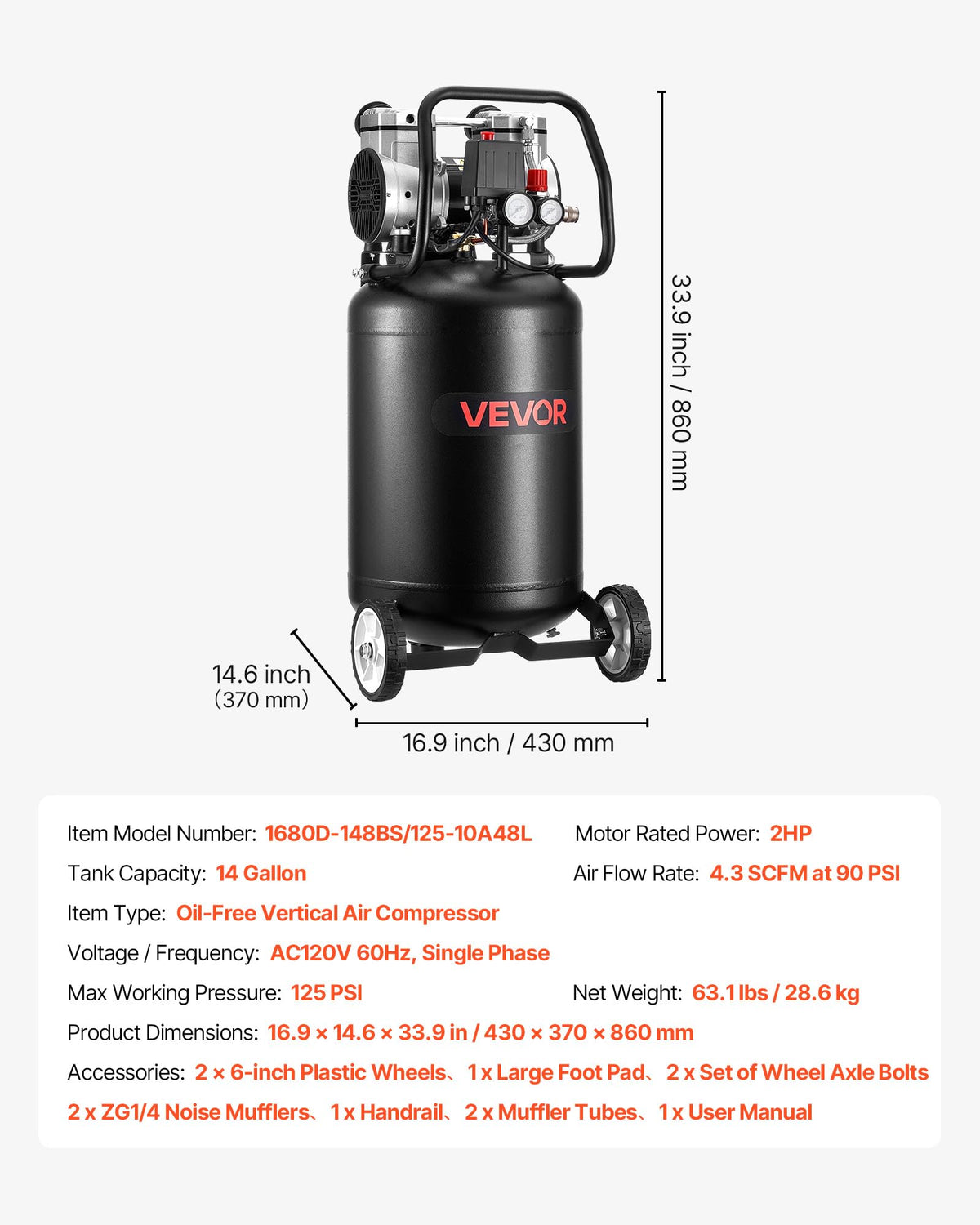 VEVOR 14-Gallon Air Compressor, 2HP 4.3 SCFM at 90PSI, Max 125PSI Pressure Oil-Free Air Compressor Tank, Portable on Wheels for Auto Repair, Tire Inflation, Spray Painting, Woodwork Nailing, 120V