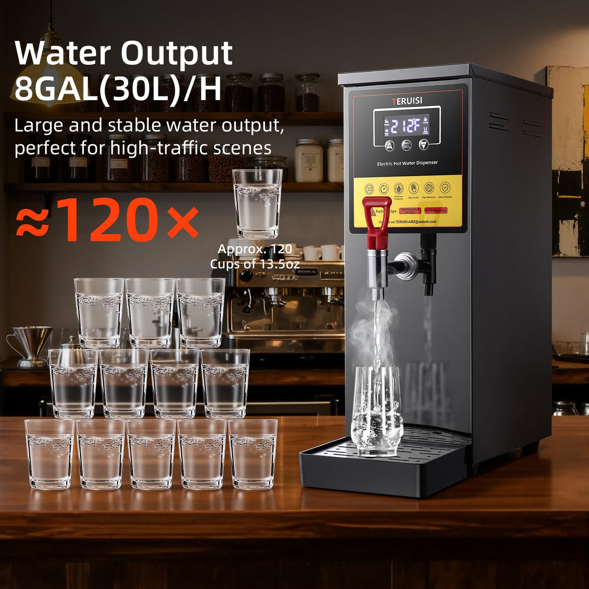 TERUISI Commercial Hot Water Dispenser, 1600W Electric Water Boiler Countertop, 30L(8Gal)/H Step-Heating Stainless Steel Water Dispenser with 86°F-212°F Temperature Control for Office Bars Hotel, 8L