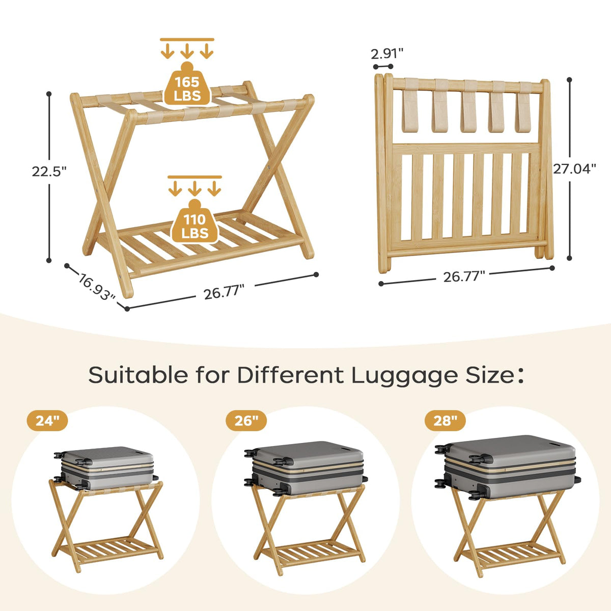 Oakvora Full Assembled 26.77"L Luggage Rack for Guest Room, Set of 2 Foldable Suitcase Stand with 5 Nylon Straps, Luggage Holder with Shoe Shelf for Suitcases Hotel (Natural Wood Bamboo Luggage Stands)