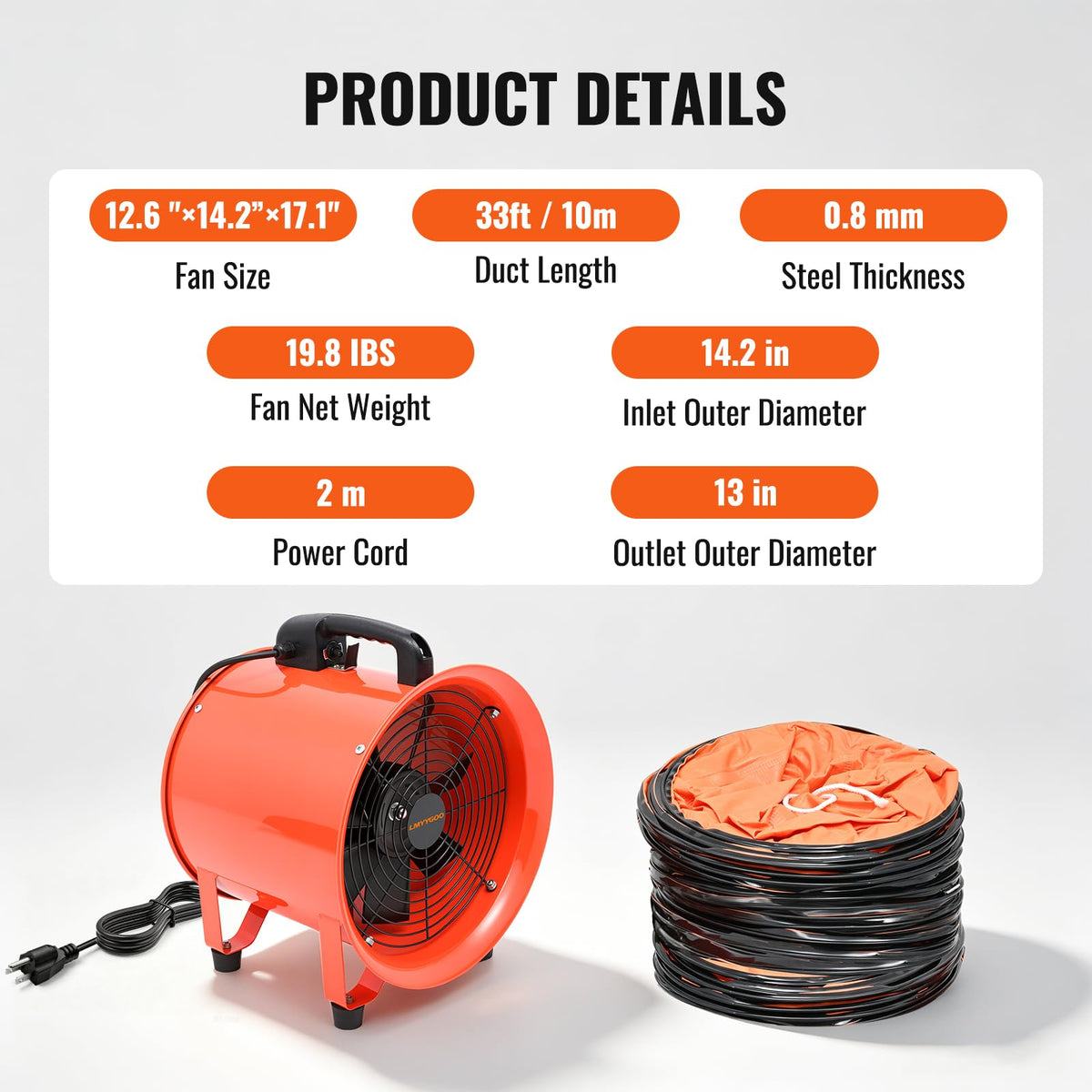 LMYYGOO 12-Inch Industrial Air Mover Blower Fan, with 33ft Duct Hose, 440W High Velocity Portable Fan for Extraction & Ventilation, Industrial, Paint Booth, Basements, Workshops, Warehouses