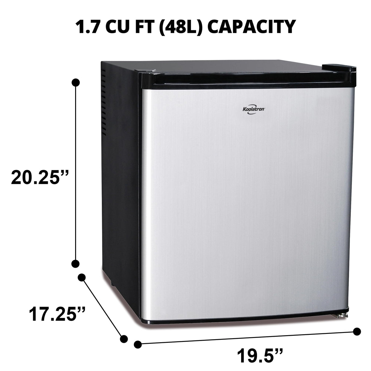 Koolatron Stainless Steel Compact Fridge with Freezer, 1.7 Cubic Feet (48 L) Capacity, Silver and Black, for Snacks, Frozen Meals, Beverages, Juice, Beer, Den, Dorm, Office, Games Room, or RV