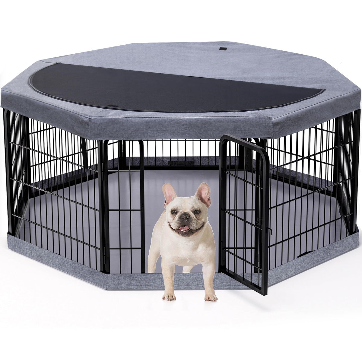 PETIME Dog Playpen,Metal Exercise Puppy Pen Heavy Duty Kennels Yard Fence Indoor/Outdoor 22" W x 24" H 8 Panels Dog Cage with Octagon Top Cover and Bottom Pad