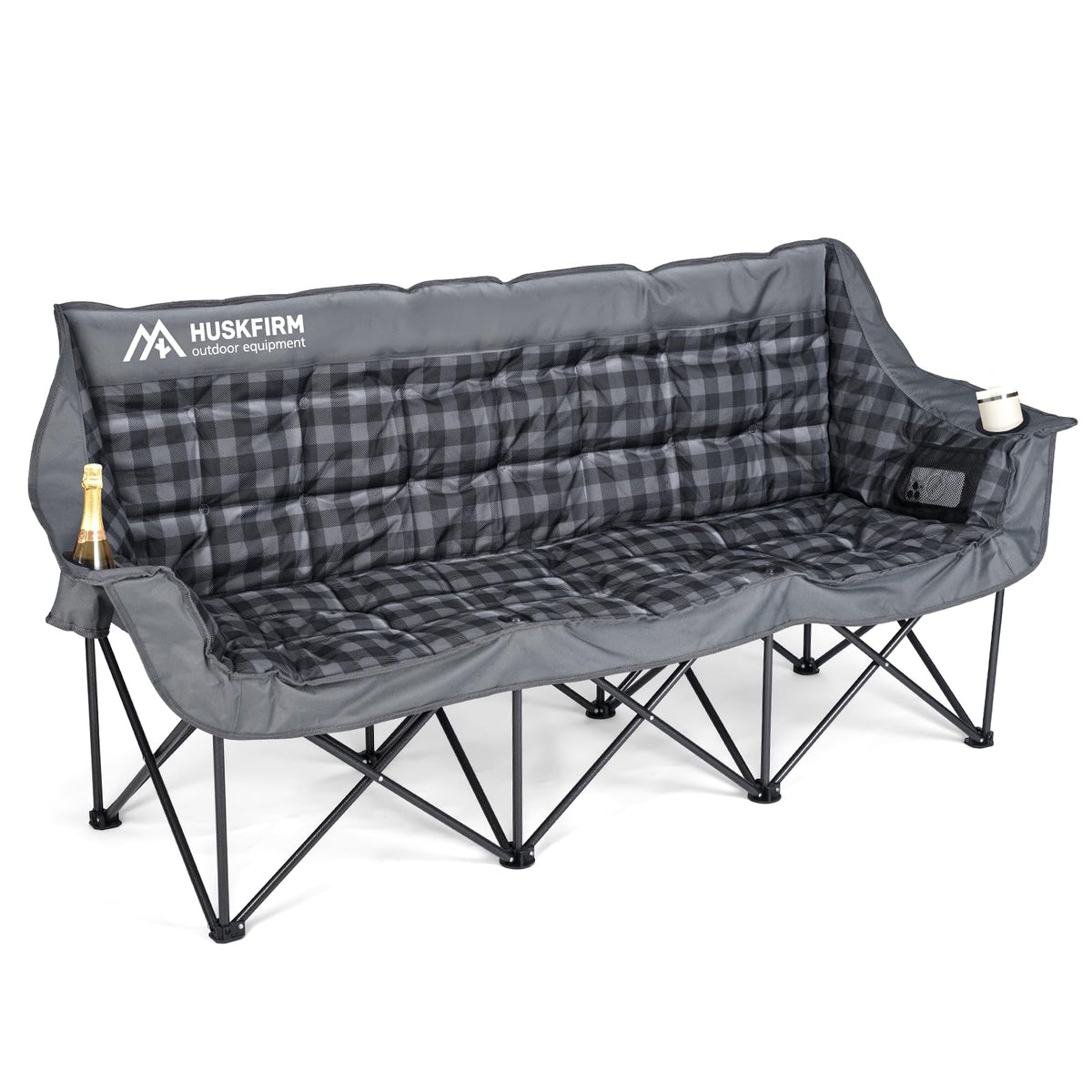 Huskfirm 3 Person Camping Chair Padded Loveseat Camping Chair Folding Camping Couch Portable Double Camping Chairs Heavy Duty Camp Chair for Adults Outdoor Lawn with Two Cup Holders and Carry Bag