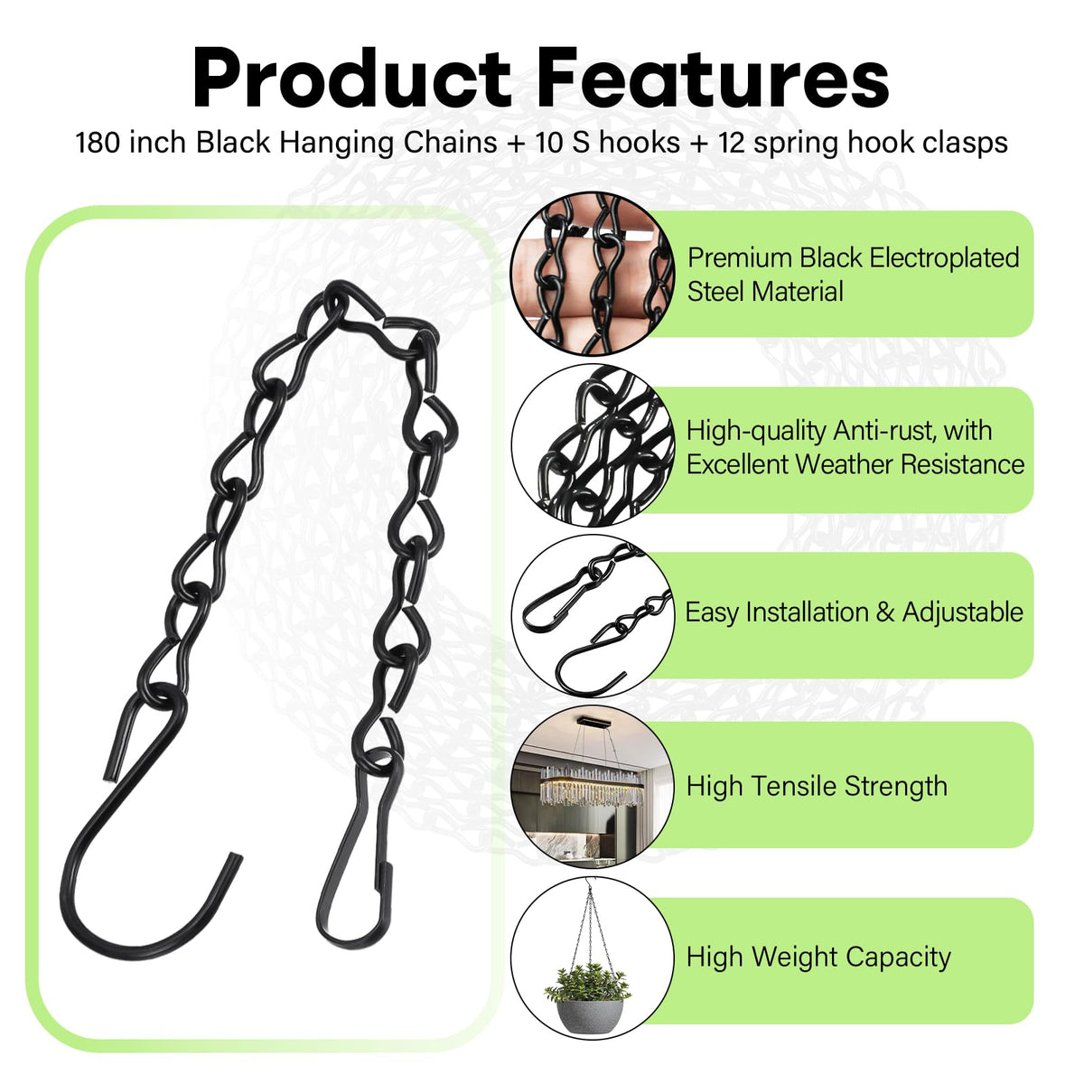 ZUZUAN Upgraded 180”Heavy Duty Metal Hanging Chains with Hanging Basket Hooks Set for Planters,Birdcage,Birds Feeder,Grow Lights,Lanterns,Billboards,Wind Chime and Ornaments,Chain Hooks DIY,Black
