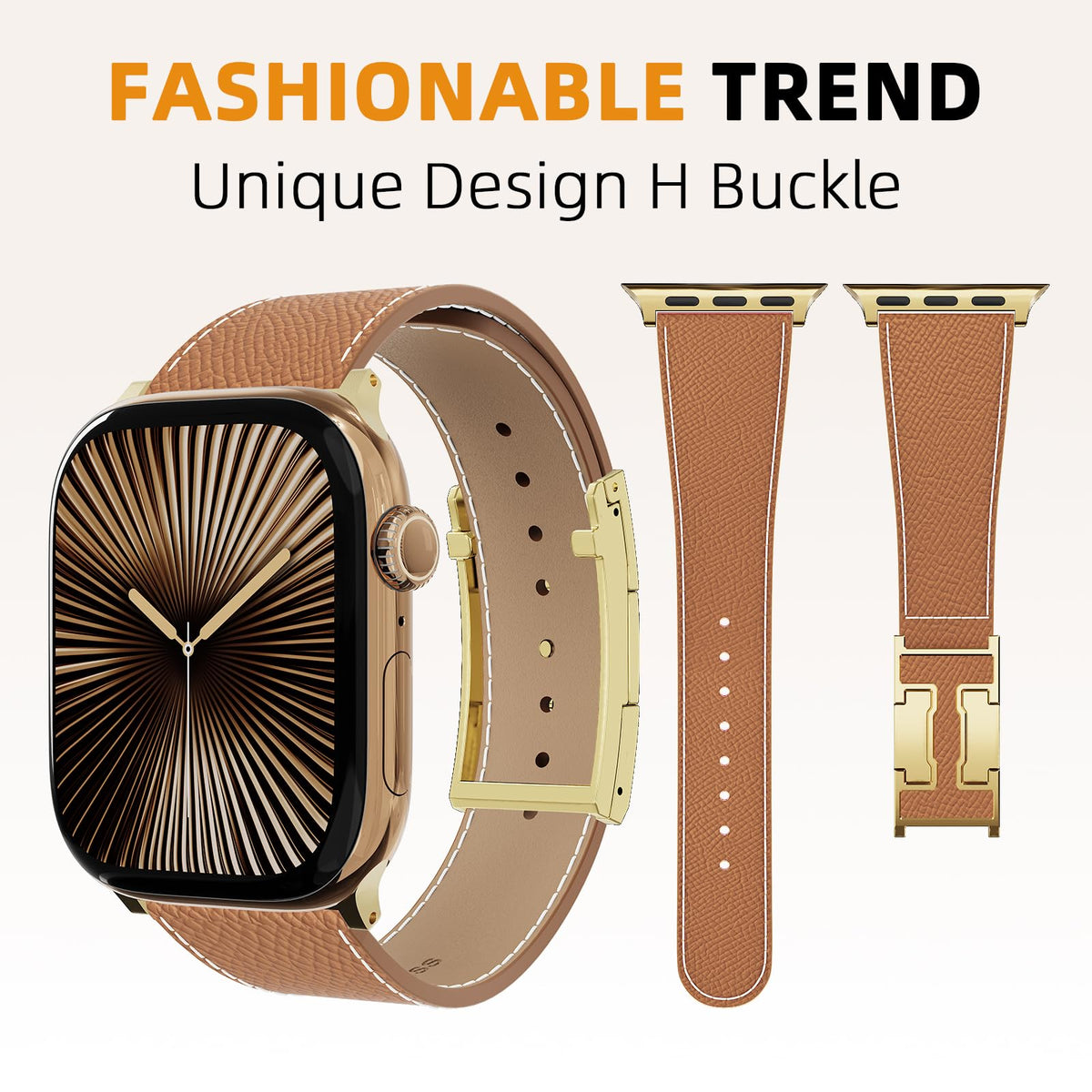 Leather Band Compatible with Apple Watch 49mm46mm45mm44mm42mm41mm 40mm38mm,Stylish Magnetic H Buckle Strap for iWatch Ultra 2/1/SE/Series 10/9/8/7/6/5/4/3/2/1 Women Men (Brown Band+Gold H Buckle, 38mm40mm41mm42mm)