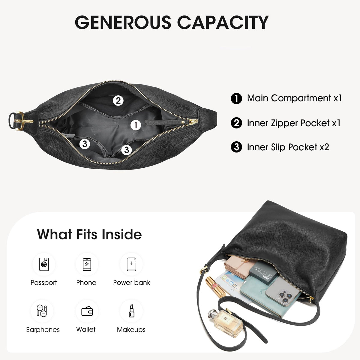 Kattee Meduim Leather Hobo Bags for Women, Soft Genuine Leather Crossbody Handbags Shoulder Purse for Work Casual, Black