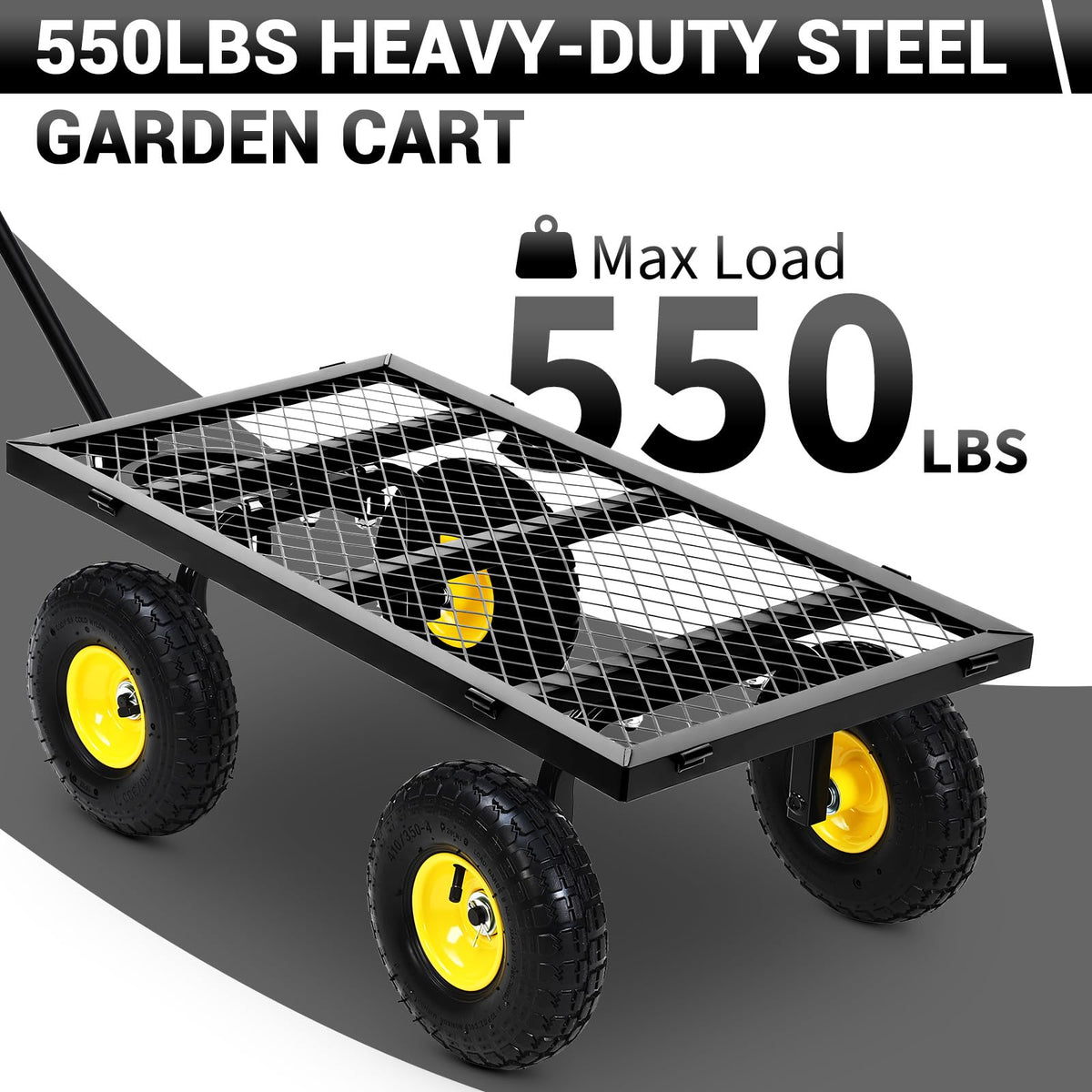 1100Lbs Steel Garden Cart, Heavy Duty Utility Wagon with Removable Sides, 180° Rotating Anti-Slip Handle,10in All Terrain Wheels