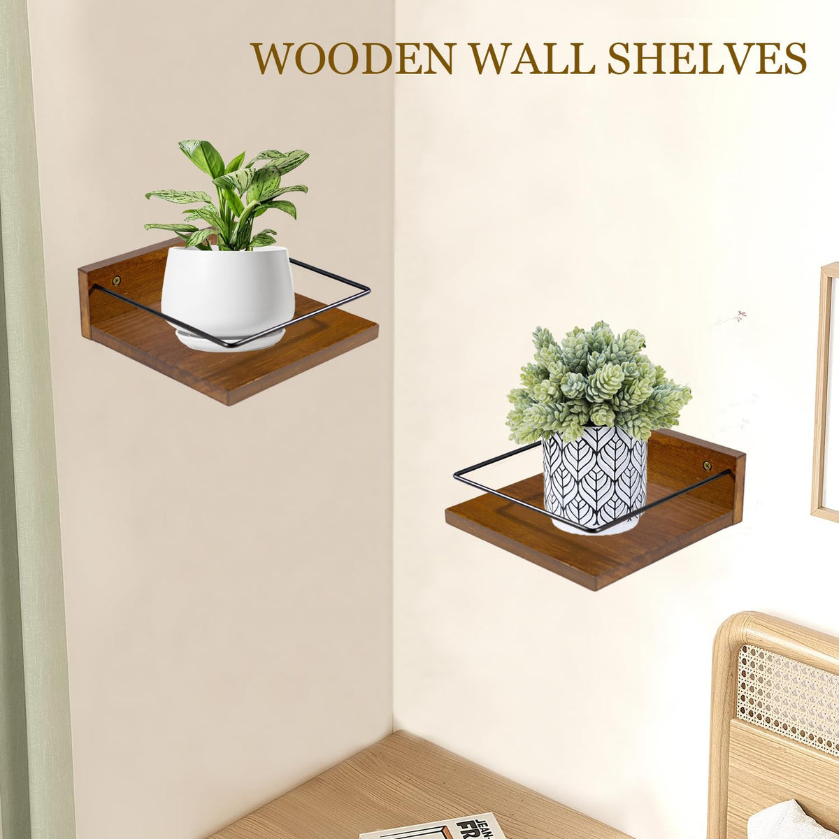 ARTORA Wall Mounted Plant Holder, Wooden Floating Shelves for Flower Pot Wall Hanging Wood Rack Farmhouse Small Decorative Wall Shelf for Bedroom Living Room Bathroom Porch Balcony Decor (2 Pack)