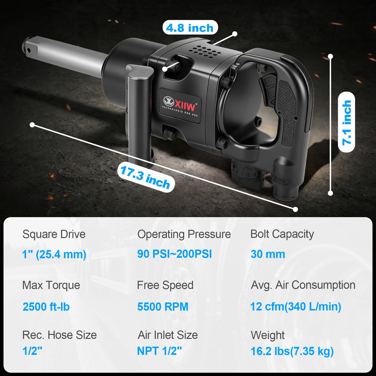 XIIW 1 Inch Air Impact Wrench, Up to 2500 ft-lbs Nut-Busting Torque, 16.2 lbs Lightweight Pneumatic Impact Gun, 5500 RPM 1 Inch Impact Gun with 1/2" Air Inlet for Heavy Duty Repairs and Maintenance