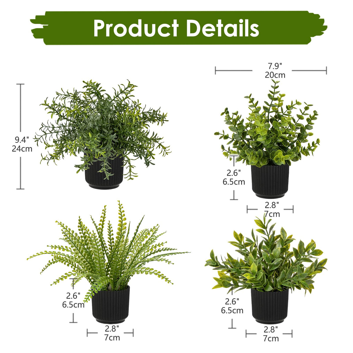 Hollyone 4 Pack Artificial Potted Plants Eucalyptus Rosemary Boston Fern ZZ Plant Fake Plant in Black Pot Small Faux Plant Greenery Aesthetic Indoor Home Decor Bathroom Bedroom Table Shelf Office