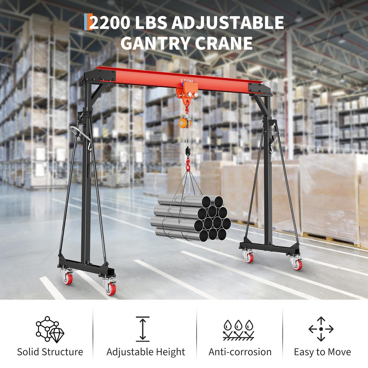 2200 LBS Gantry Crane with Manual Trolley, 1 Ton Gantry Crane with 8-12 FT Adjustable Height, Shop Crane Lift Hoist for Warehouse, Factory(with Hooks, Shackles)