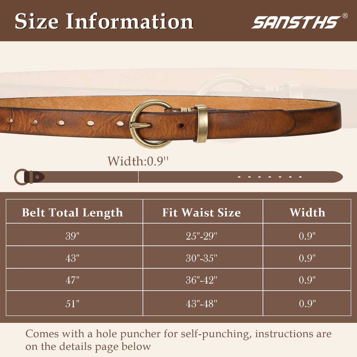 SANSTHS Womens Genuine Leather Belts for Jeans Pants Trendy Vintage Thin Leather Belt Gold Buckle Ladies Skinny Waist Belt,Brown,S