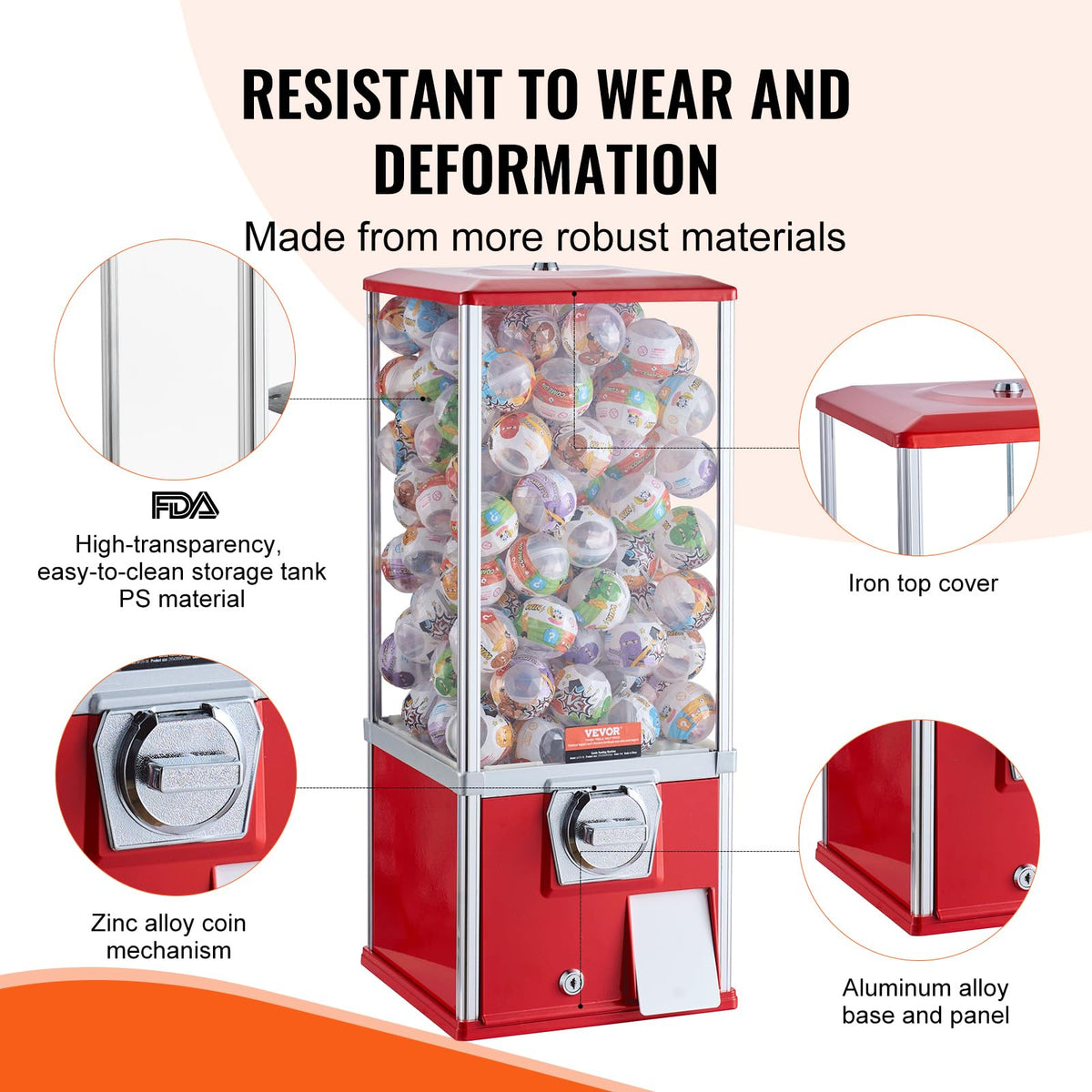 VEVOR Gumball Machine for Kids, 25" Height Home Vending Machine, PS Bouncy Balls Dispenser, Hold 230 Capsule Toys, Rectangle Bubble Gum Machine for Game Stores, Coin Operated Gumball Bank, Red
