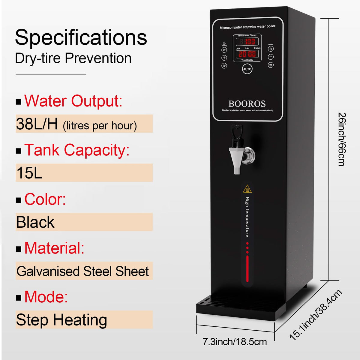 BOOROS Commercial Hot Water Dispenser Black Hot Water Dispenser Countertop 15L Commercial Hot Water Boiler, 24-Hour Timer,1500W Step-heating 38L(10GAL)/Hour for Restaurant,Hotel,Office,Home,Capacity