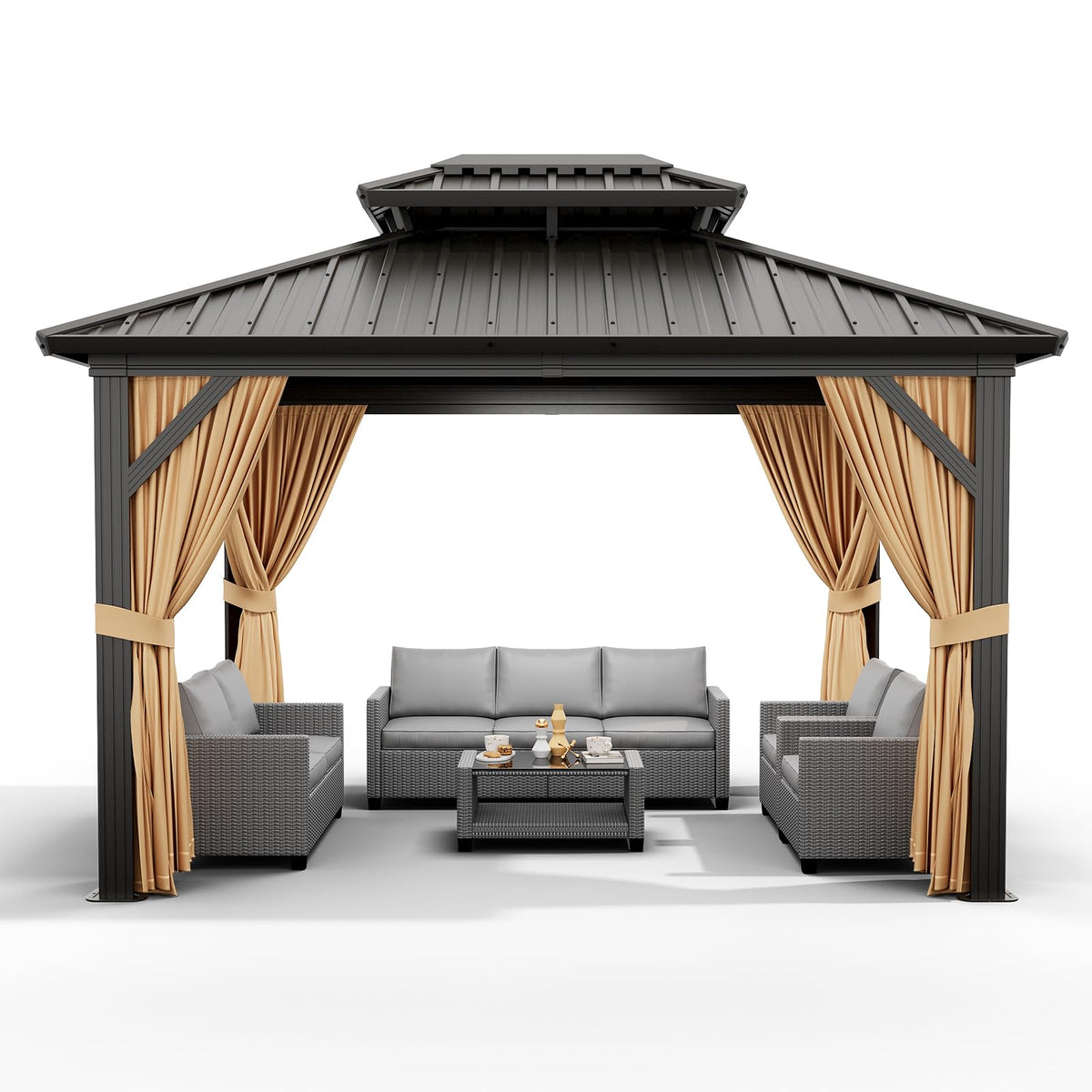 Hardtop Gazebo 10x12 FT, Garden Tent, Frame of Aluminum, Tin Roof Pavilion, Outdoor Gazebo, Sun Shed with Curtain and Netting for Backyard Patio Garden