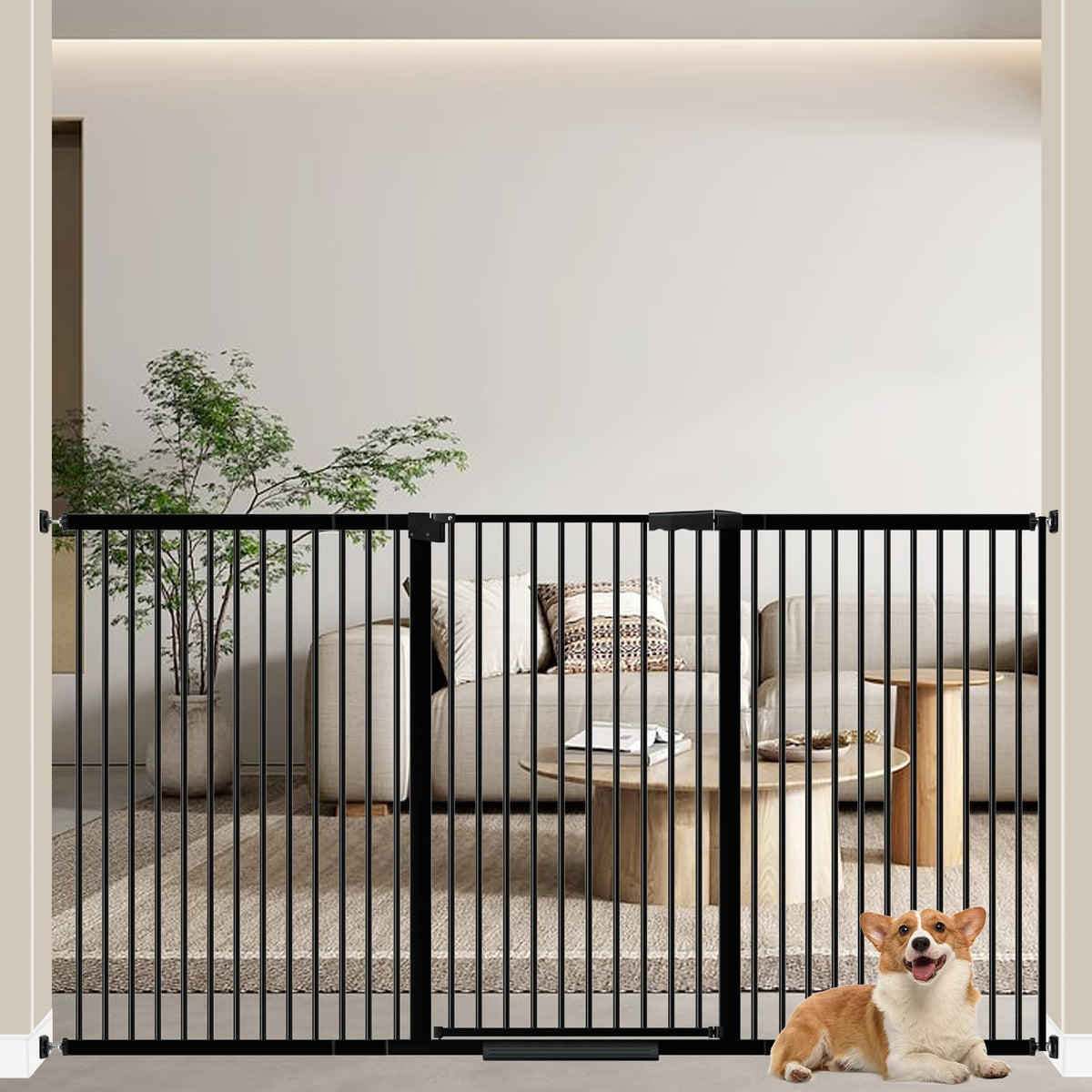 WAOWAO 40.55" Extra Tall 1.37" Ultra Narrow Spacing 69.49-77.36" Extra Wide Dogs Pets Baby Gate Safety Indoor Puppy Pressure Mounted Gate No Drill Black Metal for Stairs,Doorways,Kitchen,Hallway