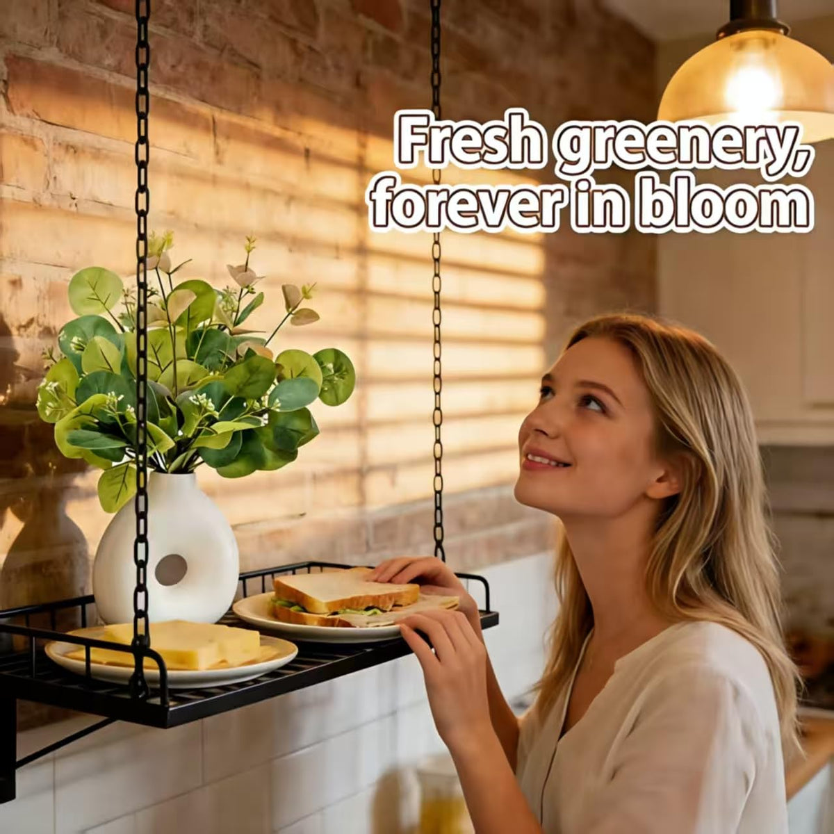 EZBOHO Artificial Plant in Ceramic Donut Vase 11.5” Faux Greenery Potted Branches Realistic Leaves Stems Modern Minimalist White Speckled Hollow Vase for Home Office Table Shelf Bathroom Decor